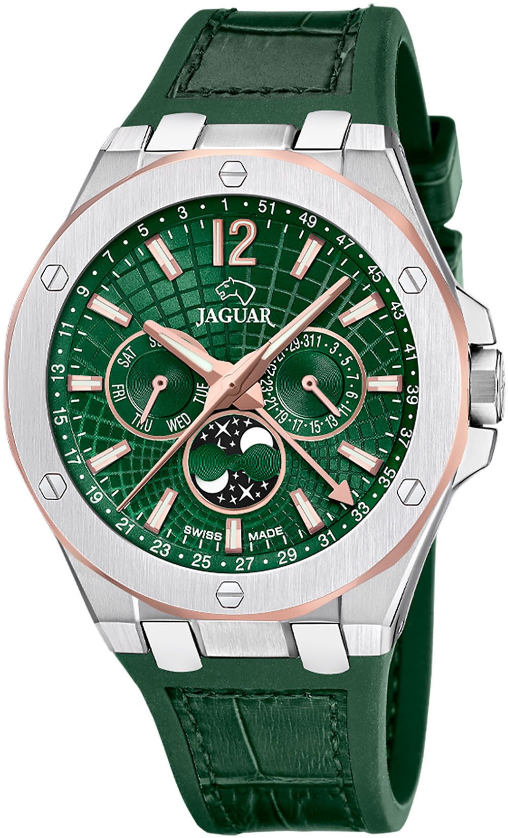 Jaguar Multifunktionsuhr Diplomatic Moonphase J1040/3, Quarzuhr, Armbanduhr, Herrenuhr, Swiss Made, Lederarmband,Mondphase