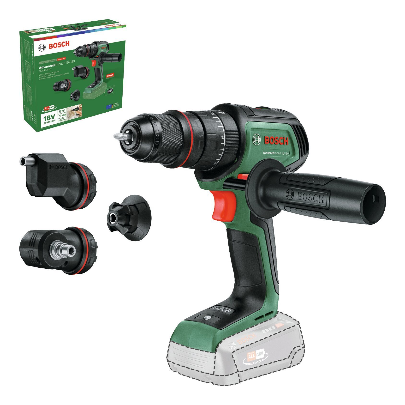 BOSCH Akku-Schlagbohrschrauber AdvancedImpact 18V-80, 18 V, max. 500 U/min, Schlagbohrmaschine QuickSnap Ohne Akku mit Aufsätze - im Karton