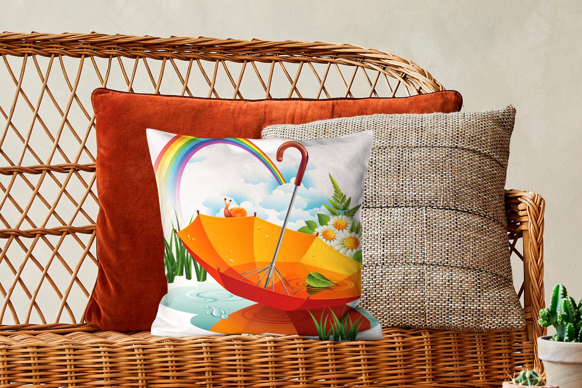 Eine Deko, Dekokissen Schlafzimmer, einem, unter eines Zierkissen für Füllung Wohzimmer, Sofakissen mit Regenschirms MuchoWow Illustration orangefarbenen