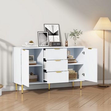 IDEASY Mehrzweckschrank Sideboard, Lagerschrank, Eckschrank, 2 Türen, 3 Schubladen, (vertikale Streifen auf der Frontplatte, 120*40*75 cm) geeignet für Küche, Schlafzimmer, Wohnzimmer und Esszimmer