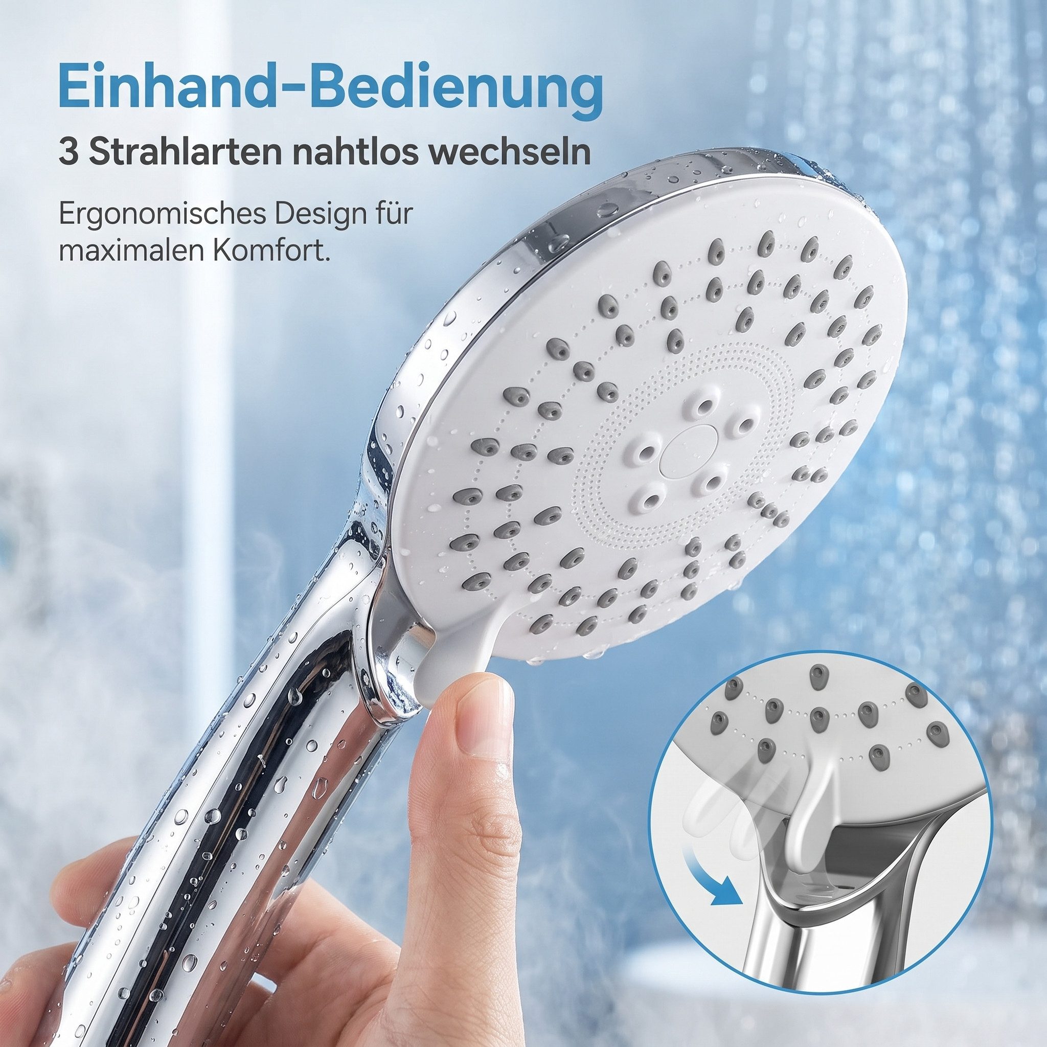 AIMAX Handbrause Hochdruck Handbrause mit 3 Strahlarten Antikalk G1/2 – Bild 3 von 5