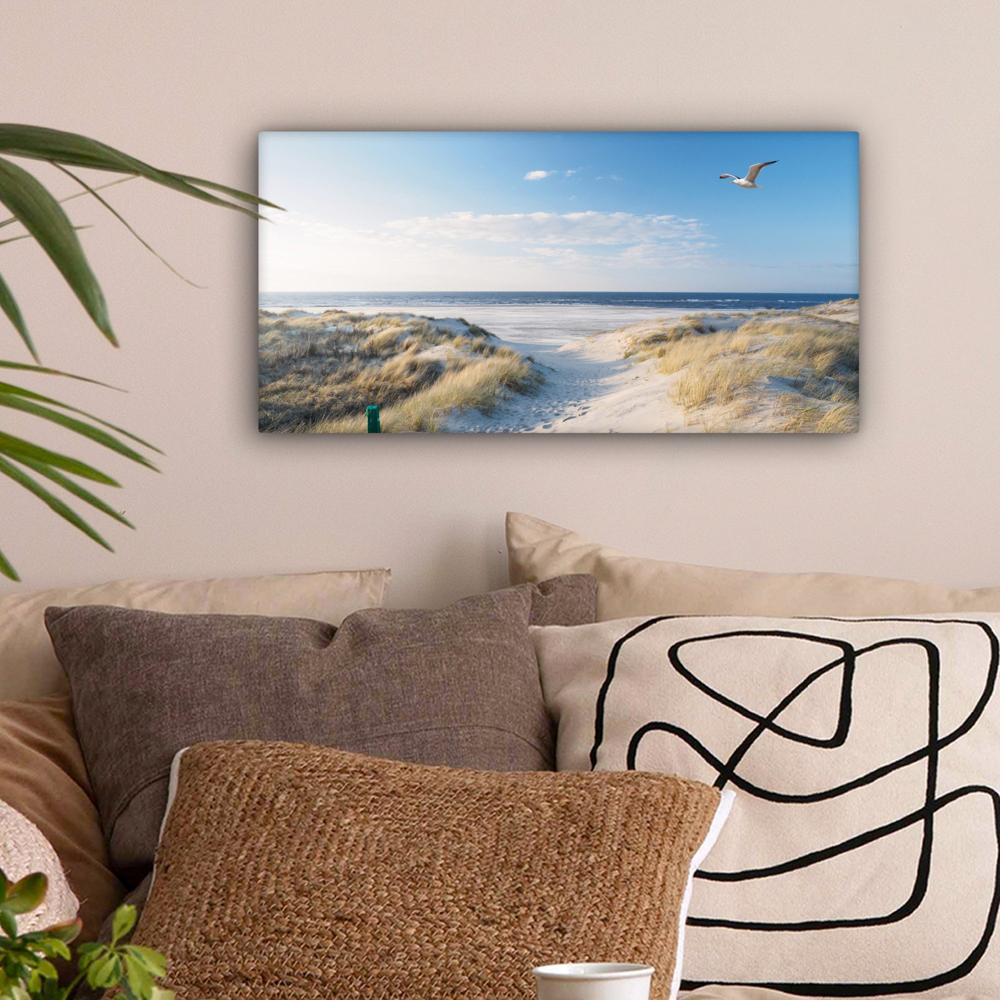 OneMillionCanvasses® Leinwandbild Panorama Düne - Möwe - Strand - Meer - So günstig online kaufen
