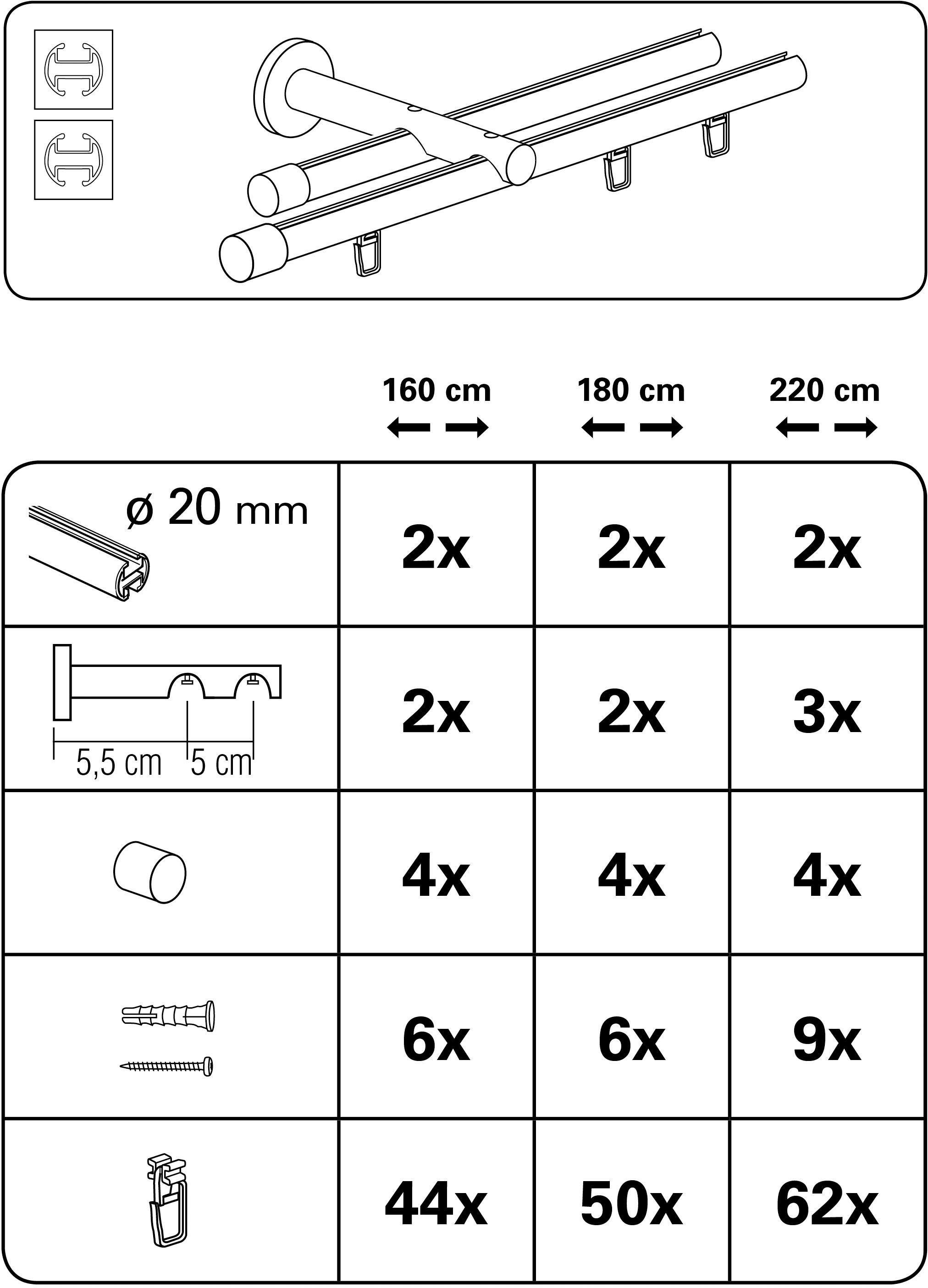 Gardinenstange Gardinenstangen Set Isa 2-Lauf mit Innenlauf II Ø 20 mm,  GARDINIA, Ø 20 mm, 2-läufig, Fixmaß, Metall, 2-Lauf, Trägerlänge  (Wandabstand der Gardinenstangen) 5,5 cm / 10,5 cm