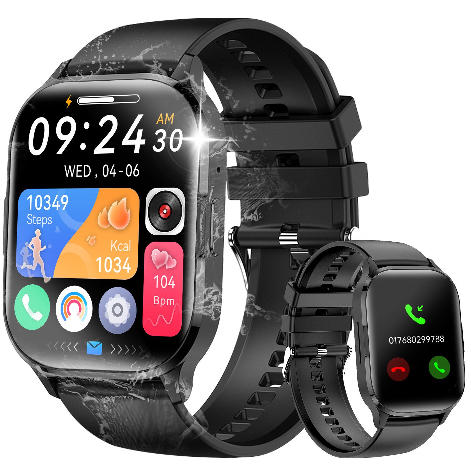 Yuede AMOLED Smartwatch für Damen und Herren, Smartwatch (Quadratischer 2,01-Zoll-HD-Full-Touch-Farbdisplay Zoll) Fitness Tracker uhr mit Anruffunktion, Gesundheits-Uhren mit Blutsauerstoff, Blutdruckmessung, Herzfrequenz, Schlafqualität, Schrittzähler, AI Voice, Musiksteuerung und SNS-Benachrichtigung etc., IP67 Wasserdichte Sportuhr mit mehr als 100+ Sportmodi, für Android IOS