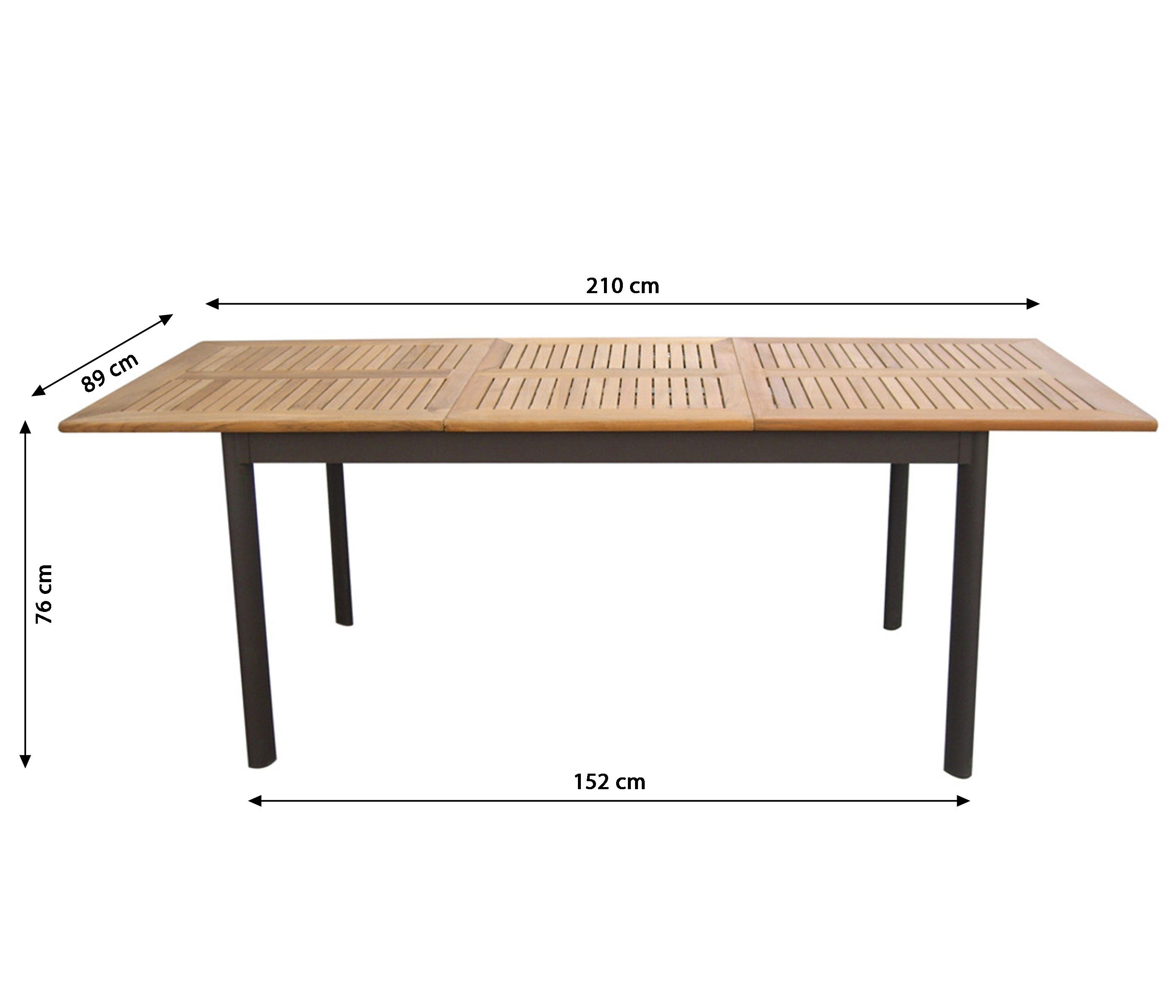 Dehner Gartentisch x 76 Teakholz x aus cm, Holz, FSC®-zertifiziertem ausziehbar, FSC® hochwertigem Ausziehtisch Aluminium 152/210 & Colmar 89