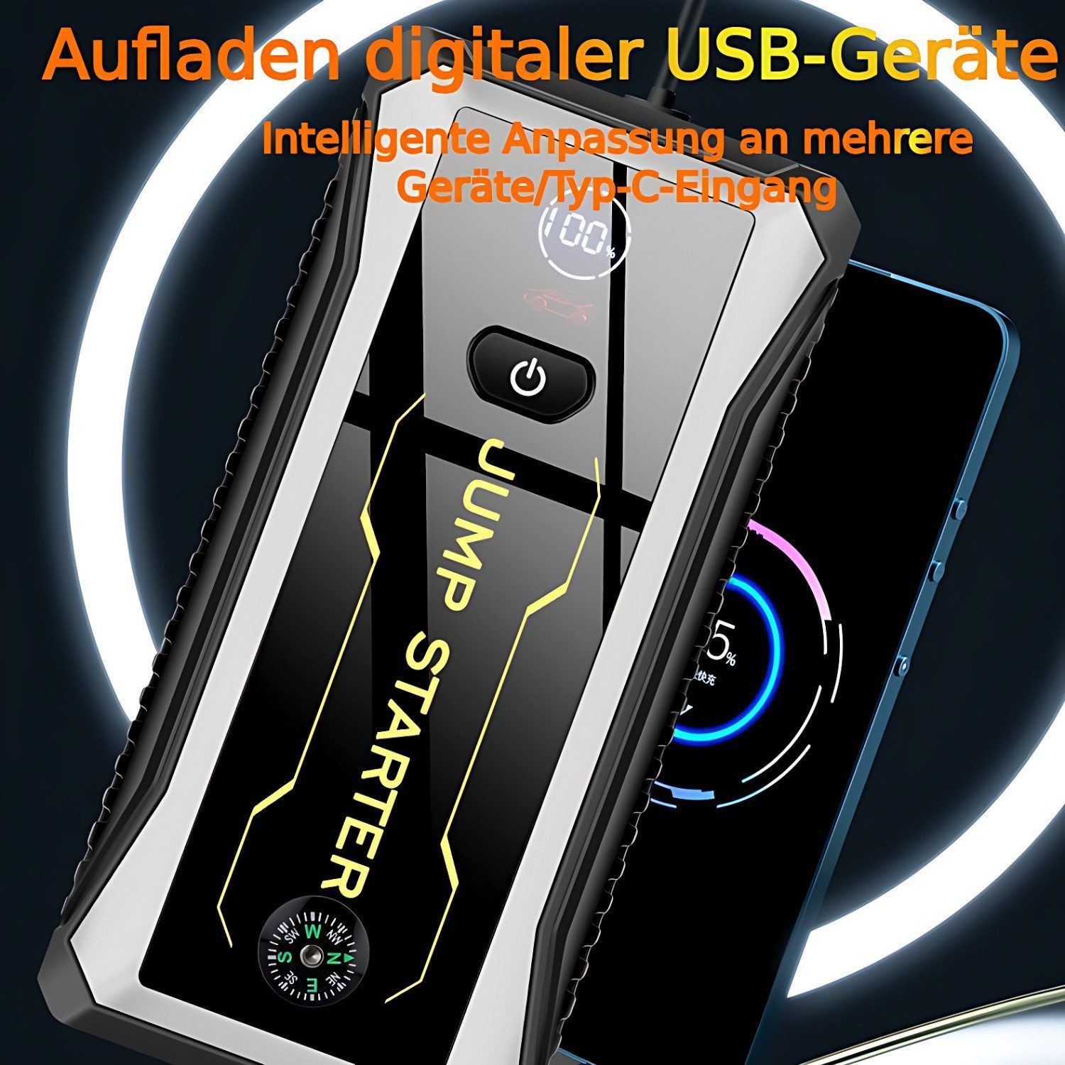 Forrlite Jump Starter, 28000 mAh Peak Current Power Bank Car Battery Charger (2800 mA, 800A Peak Current Portable Car Jump Starter, 3-in-1 Power Bank Set, Fast Charge with Compass and LED Flashlight)