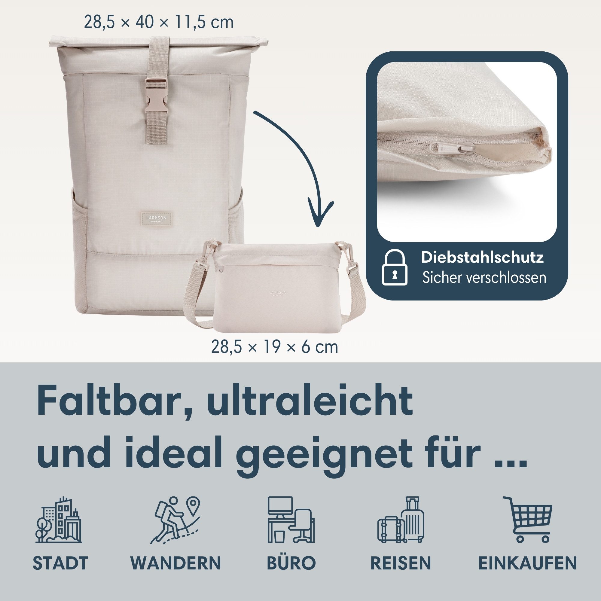 LARKSON Cityrucksack Arne Packable Rucksack (1-tlg), 2in1 Crossbody Bag & Rucksack, faltbar