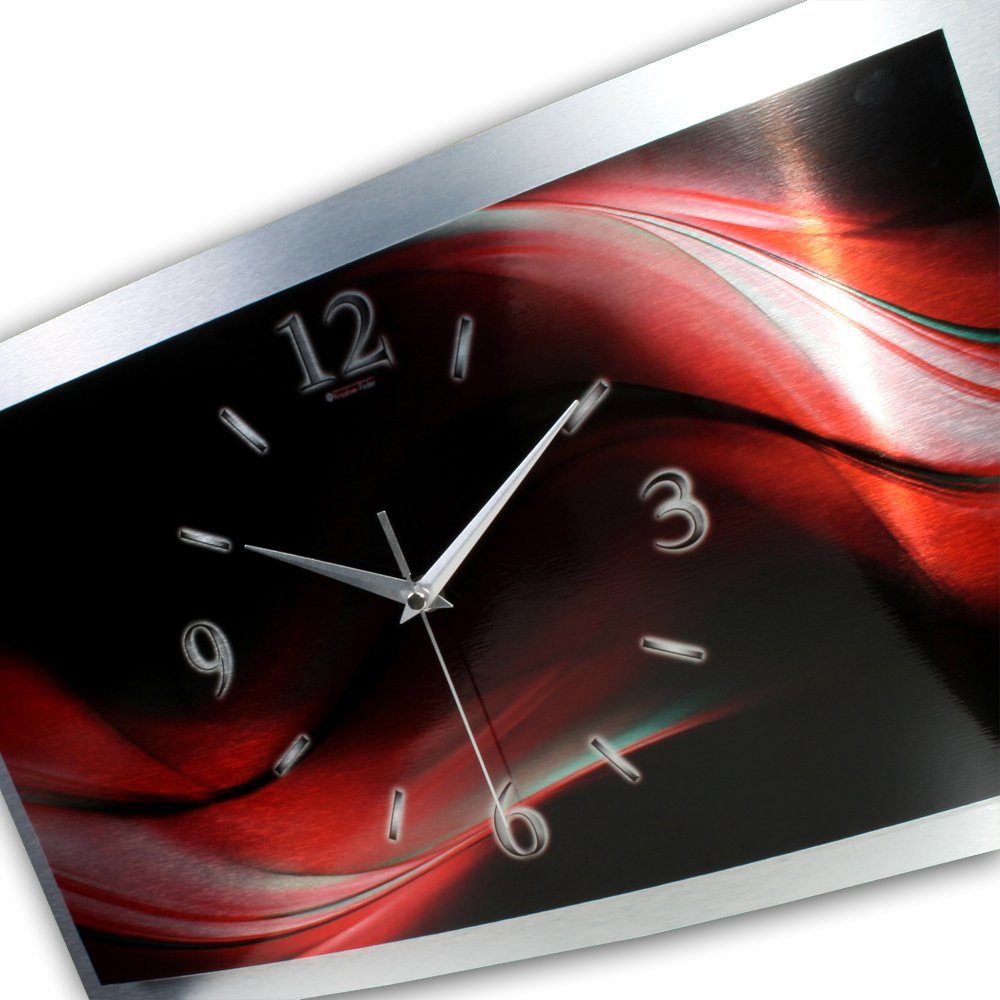 Kreative Feder Funkwanduhr 3D Designer-Wanduhr „Red Wave" aus gebürstetem Aluminium (3D-Wölbung; einzigartiges Zwei-Platten-Design; flüsterleises Uhrwerk)