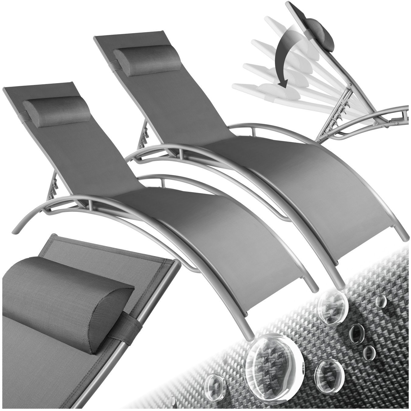tectake Gartenliege Aluminium Sonnenliege 2er Set verstellbar Kopfpolster UV-beständig, Sonnenliege Aluminium Alina, 2 St., in Grau, Textilene-Gewebe, Inkl. Montagematerial und Aufbauanleitung