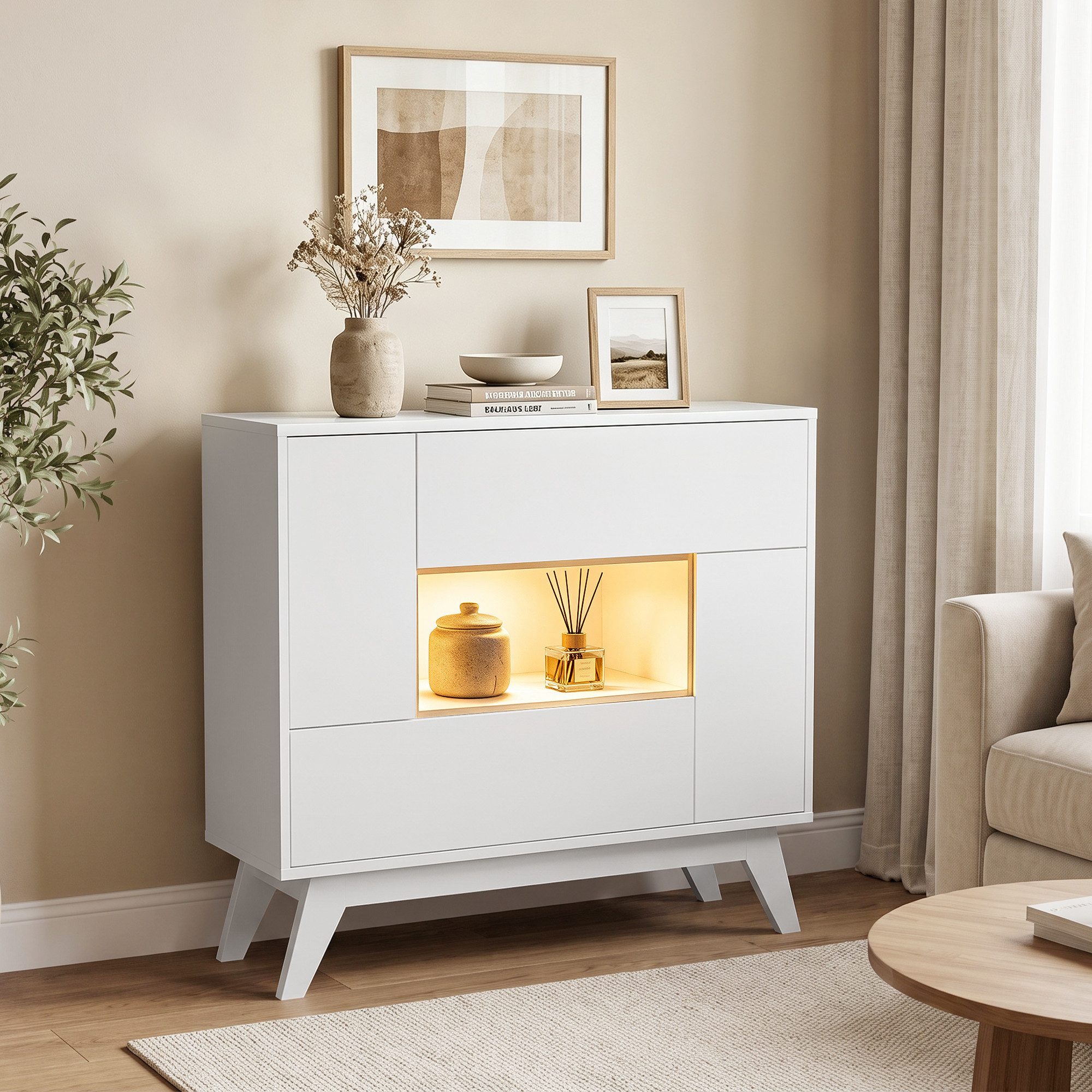 OYRREU Kommode Geometrisches Rechteck-Design Sideboard mit LED (TOPSELLER! Viel Stauraum), Flurmöbel, Wohnzimmer, Flur & Eingang, 100x34x92 cm