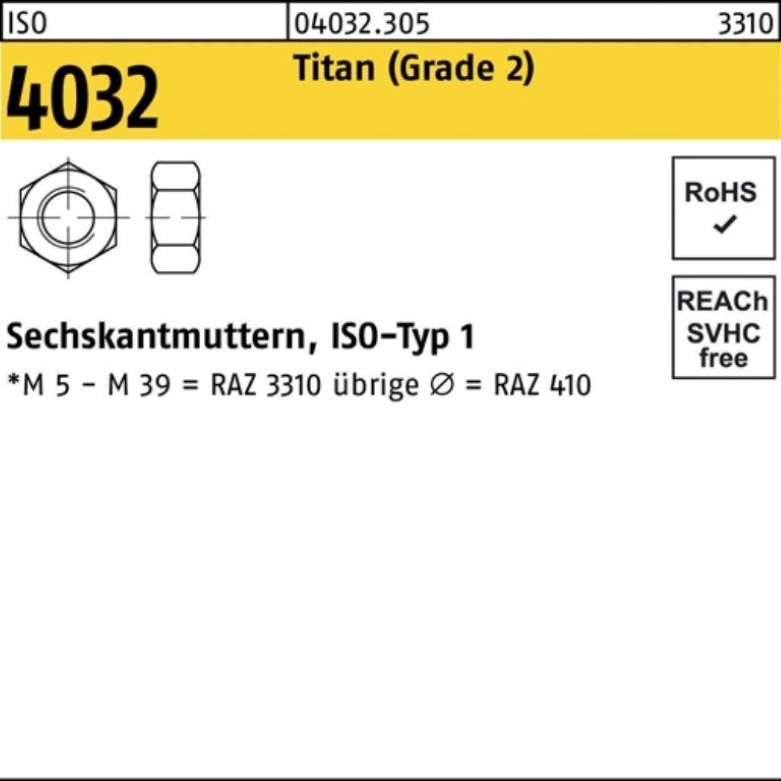 Bufab Muttern 100er Pack Sechskantmutter ISO 4032 M10 Titan (Grade 2) 50 Stück ISO