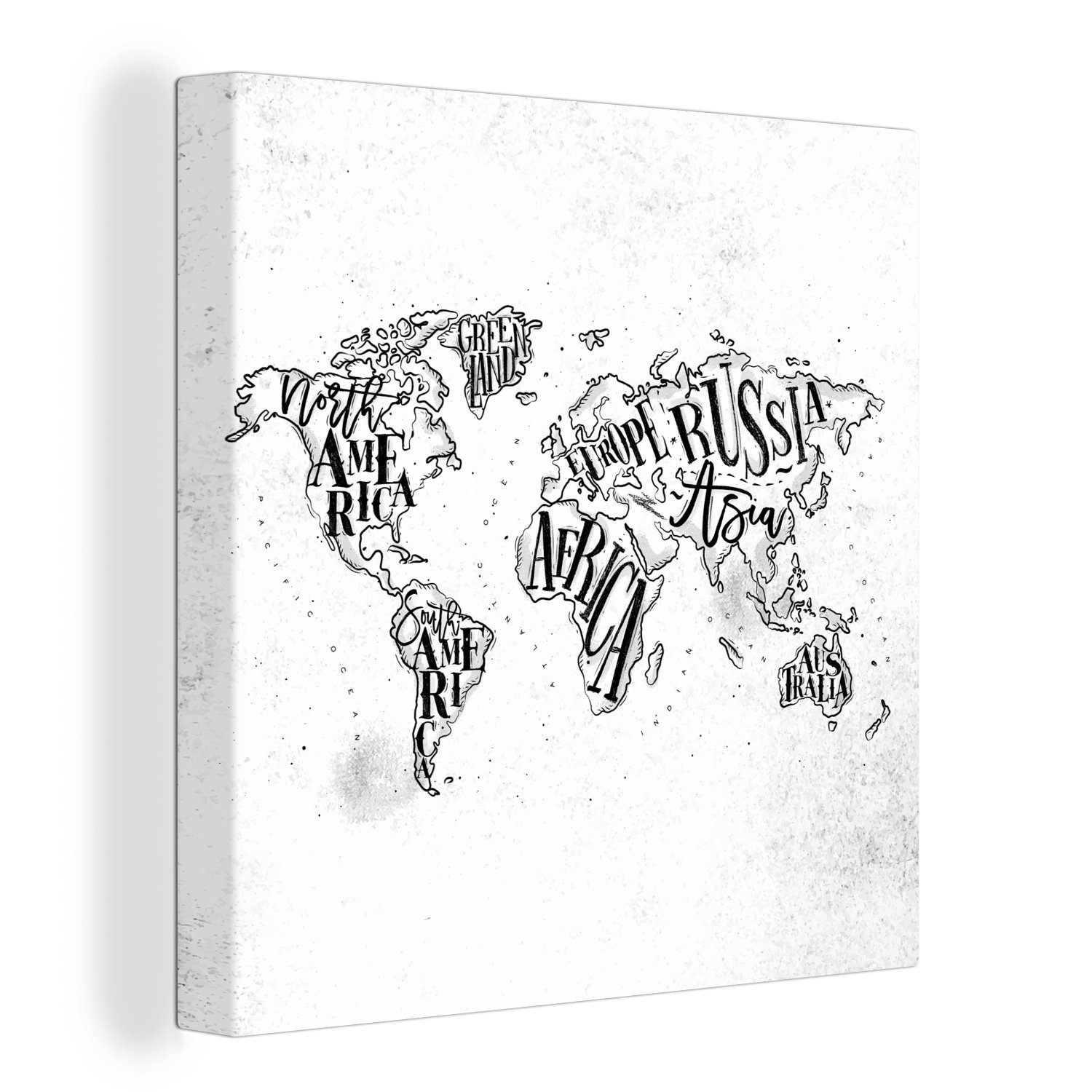 OneMillionCanvasses® Leinwandbild Weltkarte - Schwarz - Weiß - Buchstaben, (1 St), Leinwand Bilder für Wohnzimmer Schlafzimmer