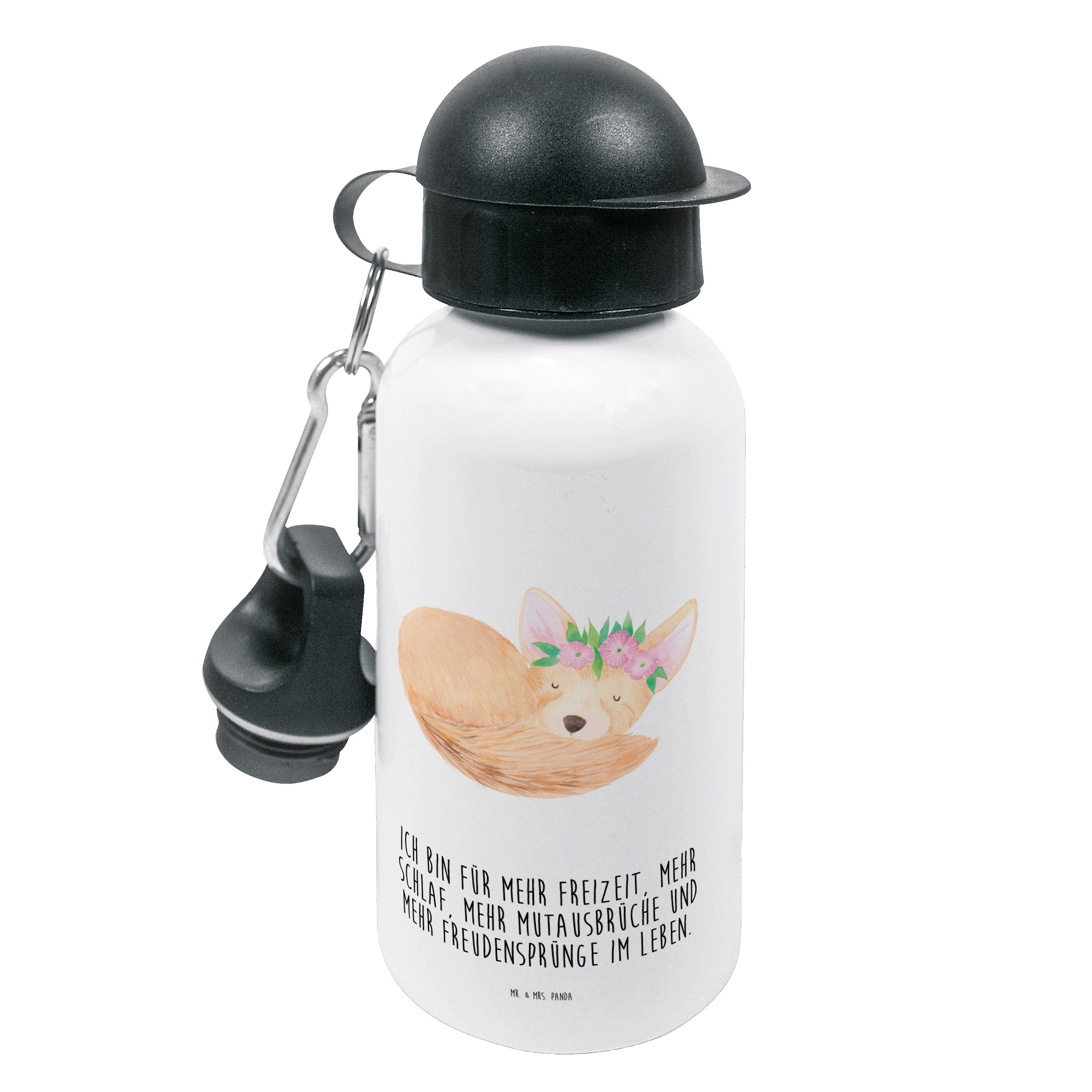 Mr. & Mrs. Panda Trinkflasche Wüstenfuchs Blumenkranz - Weiß - Geschenk, Glücklich, Kinderflasche