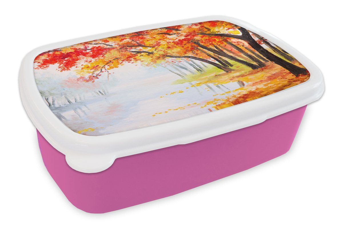 Kunststoff MuchoWow Brotdose (2-tlg), Erwachsene, Lunchbox Snackbox, Mädchen, für - Ölfarbe, - Bäume rosa Gemälde - Kunststoff, - Kinder, Brotbox Wasser Herbst