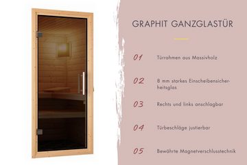 Karibu Sauna "Leona" mit Kranz und graphitfarbener Tür Ofen 9 KW externe Strg, BxTxH: 259 x 245 x 202 cm, 38 mm, aus hochwertiger nordischer Fichte