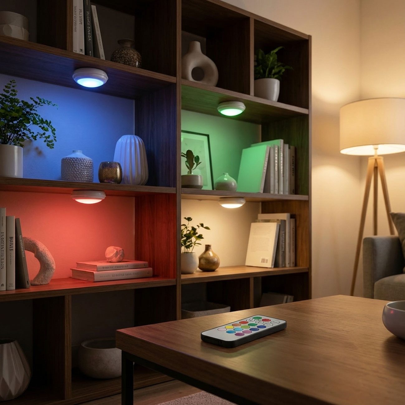 shop'n smile ideoon LED Unterbauleuchte 4er LED Push-Lichter Schrankleuchten Dimmbar Timer & Fernbedienung RGB, LED, Farbwechsel (12 Farben)/selbstklebend/3 LED – Bild 5 von 5