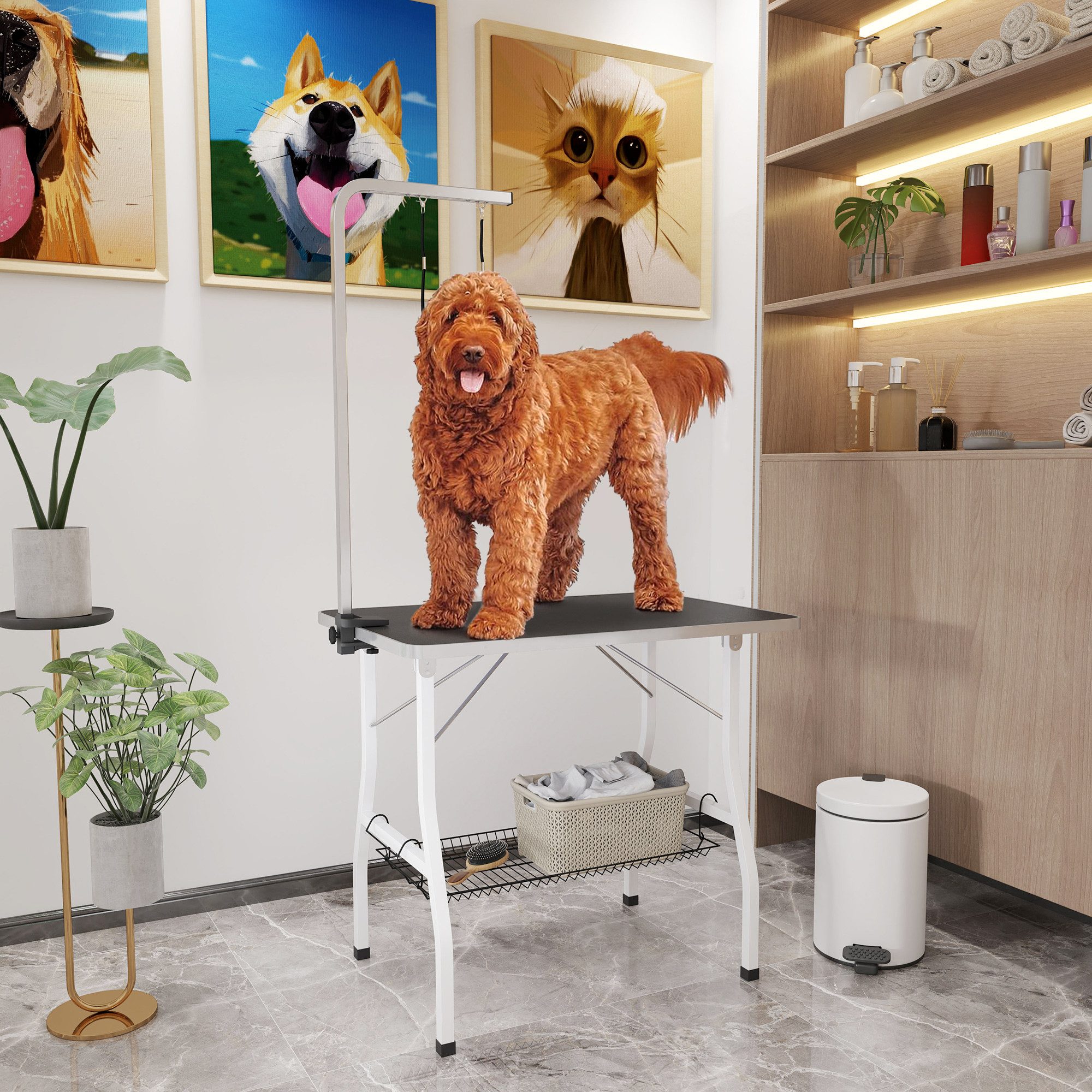 PawHut Hundeschermaschine Trimmtisch für Hunde klappbar 2 Schlingen Schertisch, Hundepflegetisch, für Haartrocken, Haarschneiden, bis 40kg belastbar Schwarz+Weiß