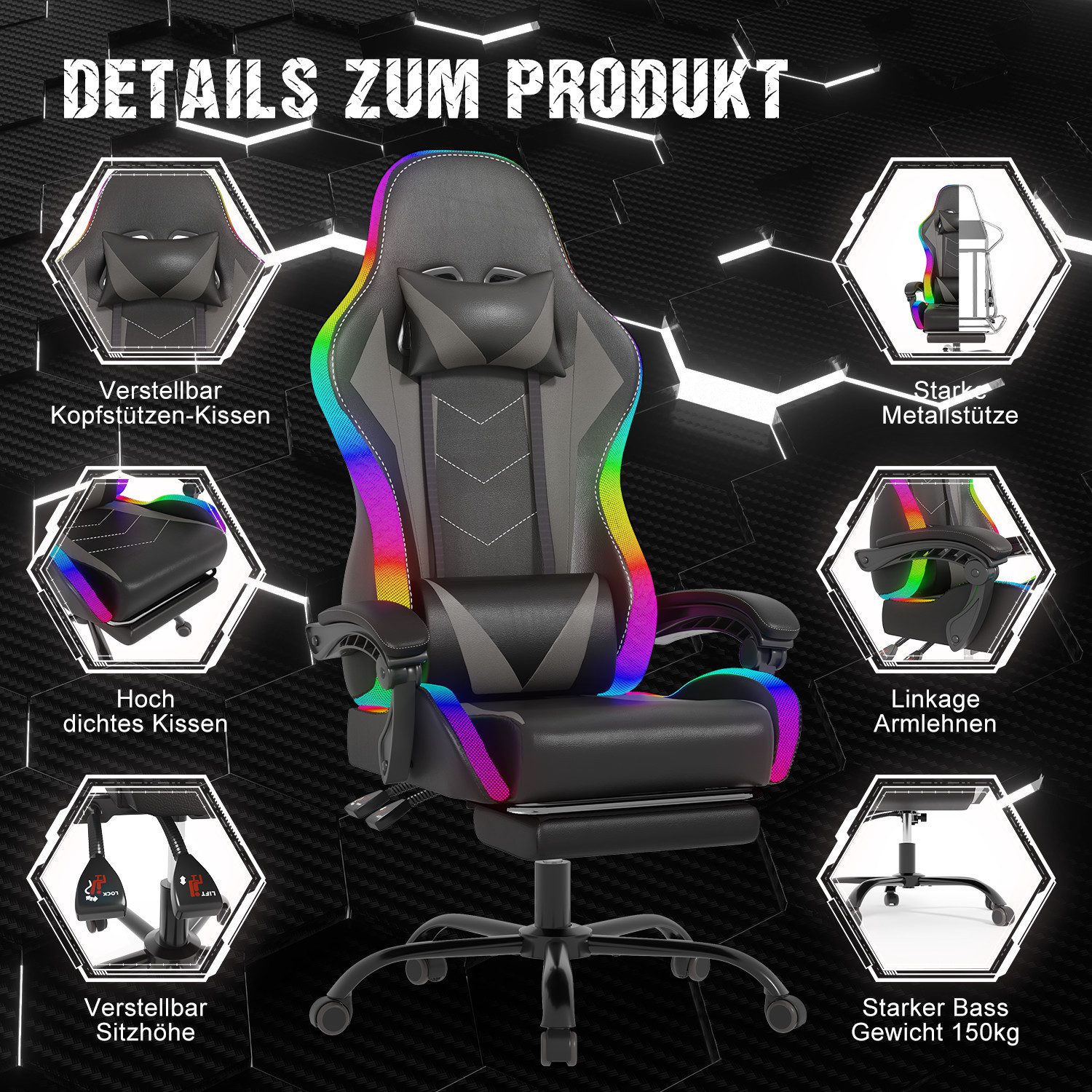 HOMALL Gaming-Stuhl mit LED,Ergonomisch,Fußstütze,computerstuhl,gaming stuhl mit massage (Die LED-Beleuchtung ist einstellbar, das Massagekissen für den Rücken ist beweglich), Ergonomischer Bürostuhl,Kopfstütze und Lendenstütze