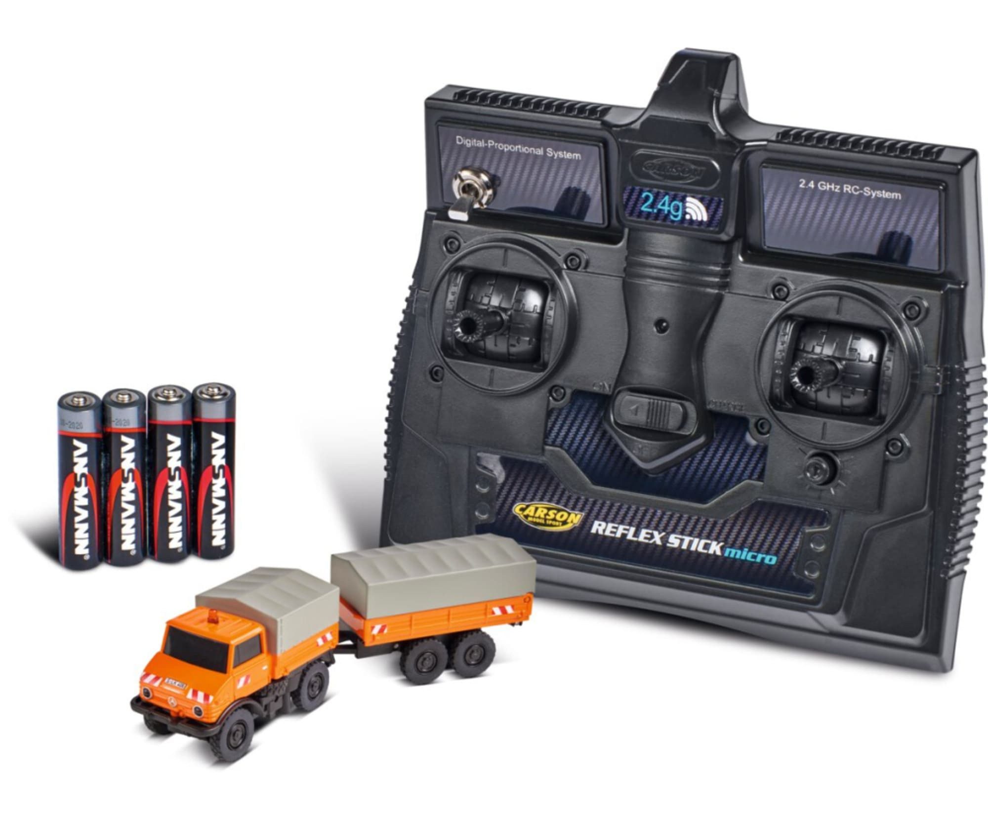 CARSON RC-Auto Carson 1:87 RC Mercedes-Benz Unimog U406 mit Hängerger 100% RTR orang