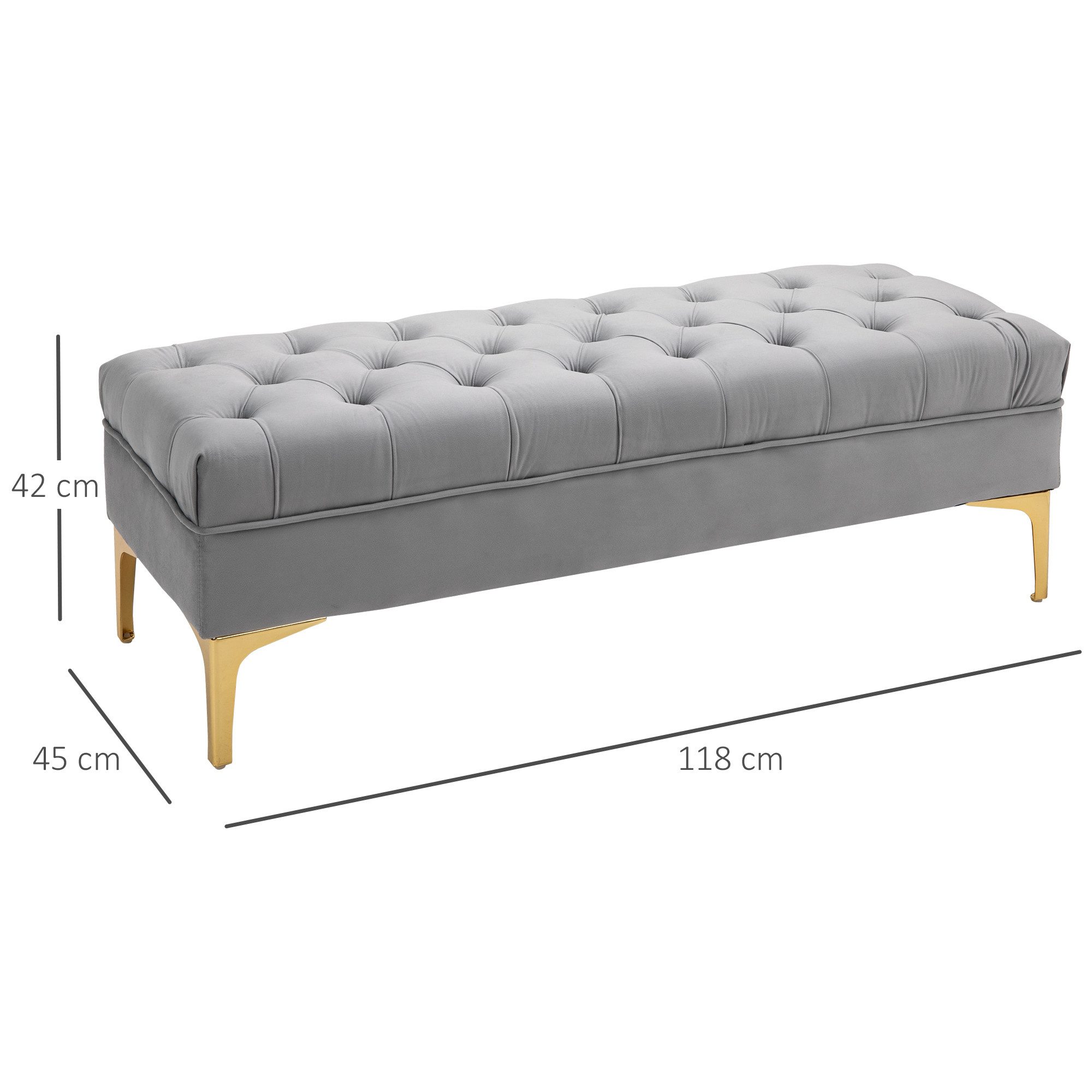 HOMCOM Polsterbank Bettbank mit Metallrahmen, Schuhbank für Schlafzimmer, Wohnzimmer (Sitzottomane, 1-St., Sitzbank), Samt Hellgrau+Gold 118 x 45 x 42 cm