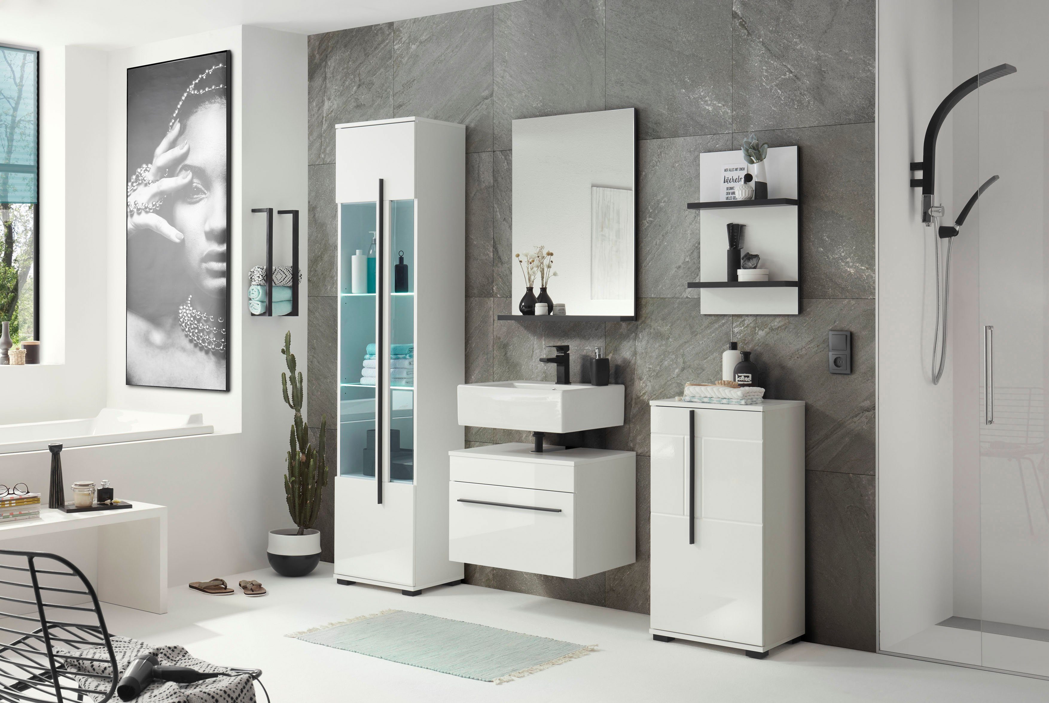 Home affaire Waschbeckenunterschrank Cantara, Badschrank in Hochglanz Weiß, Waschtisch mit schwarzem Griff, ausreichend Stauraum – Bild 5 von 5