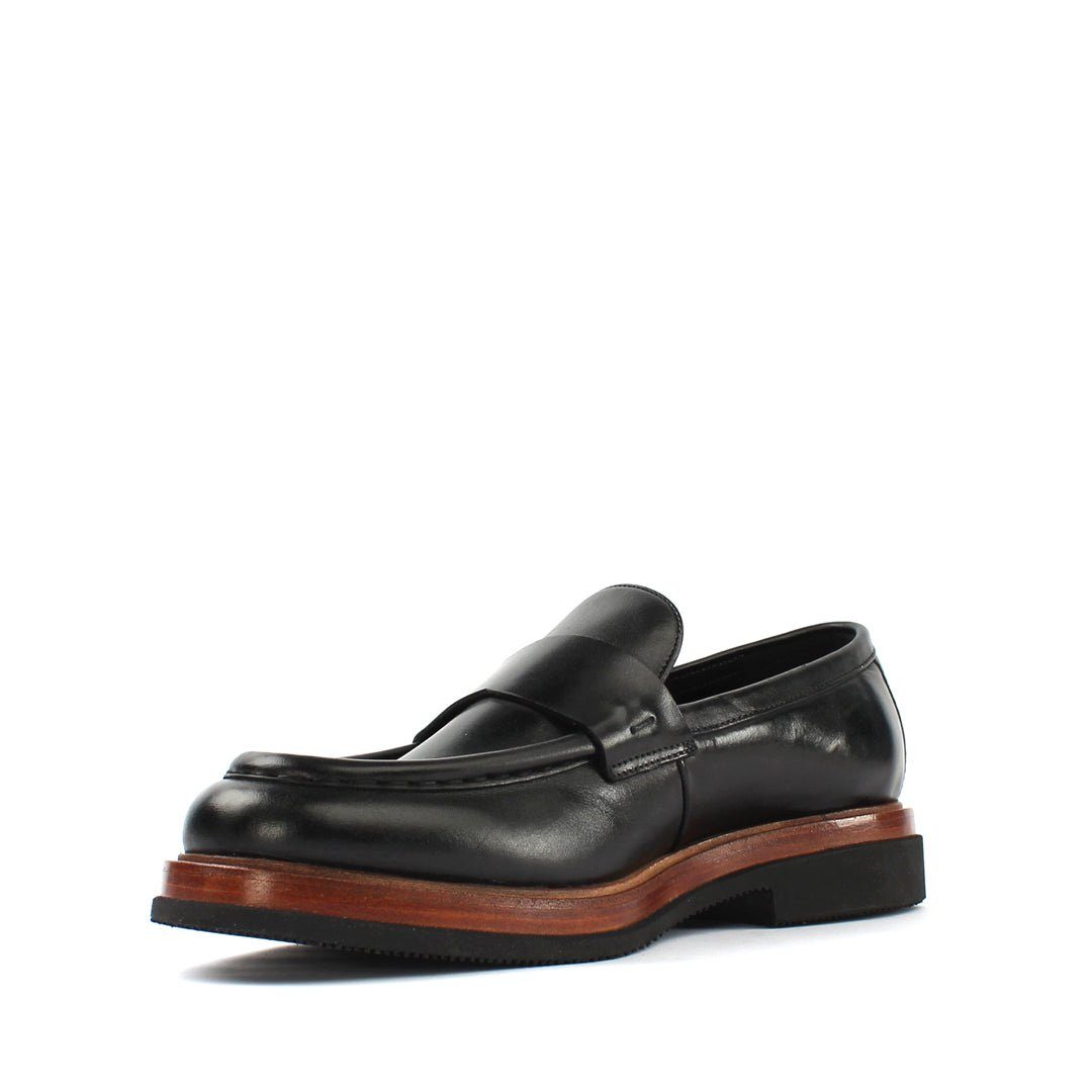 Celal Gültekin Leder-Loafer Slip-On Plateau Blockabsatz Glattleder Business Herren Loafer Glattleder, Echtleder-Futter, Holzoptik-EVA-Sohle, Schwarz, 40