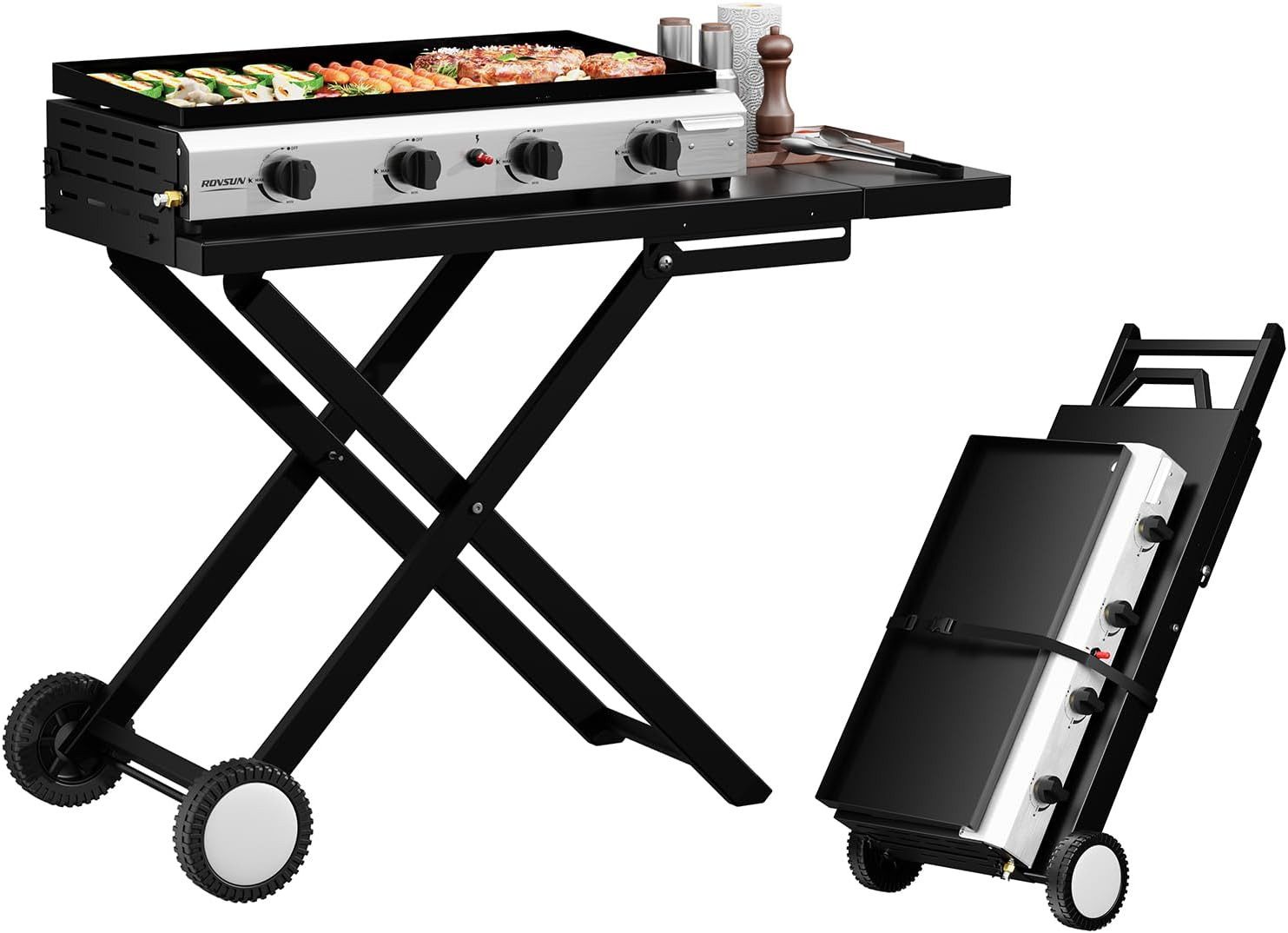 LALAHO Gasgrill Tragbarer 4 Brennern 9.6 kW Grill klappbar, Grillwagen mit Rollen, emaillierte Plancha, für Garten