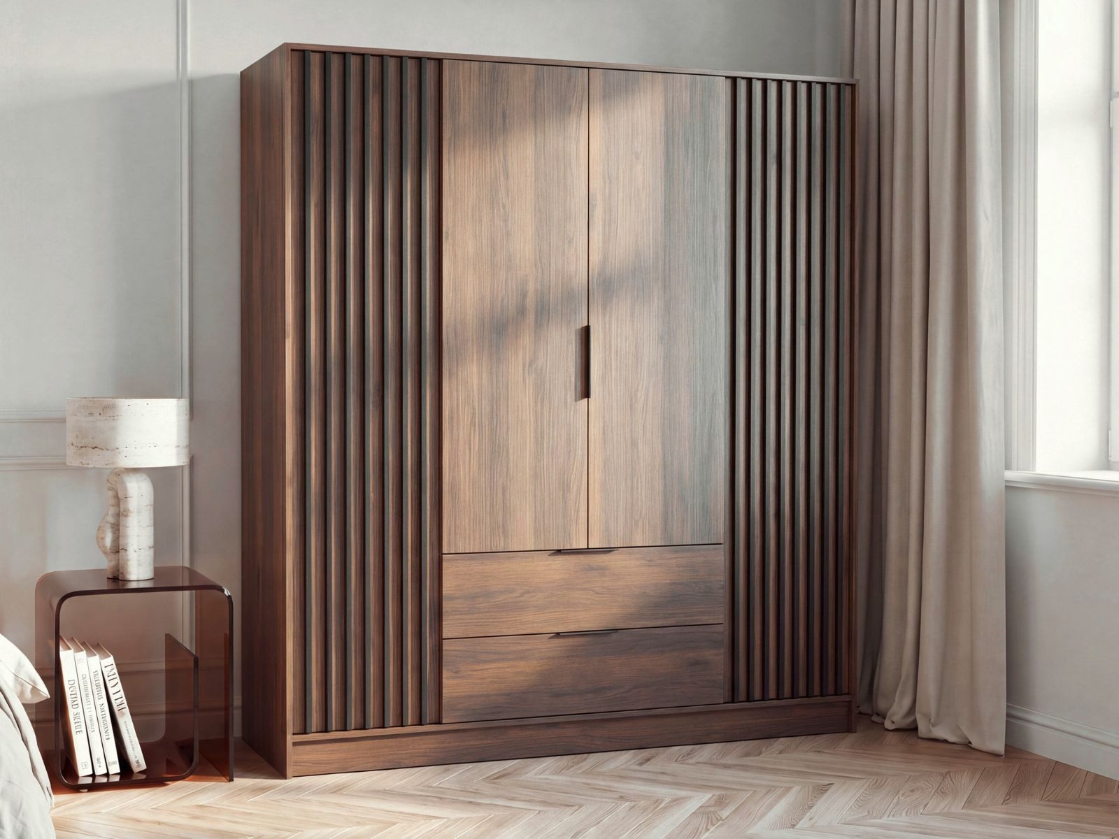 Compleo Kleiderschrank LISA Nussbaum, 4 Türen, Lamellen, Schubladen und Kleiderstangen Japandi Design, Kleiderschrank mit Lamellen