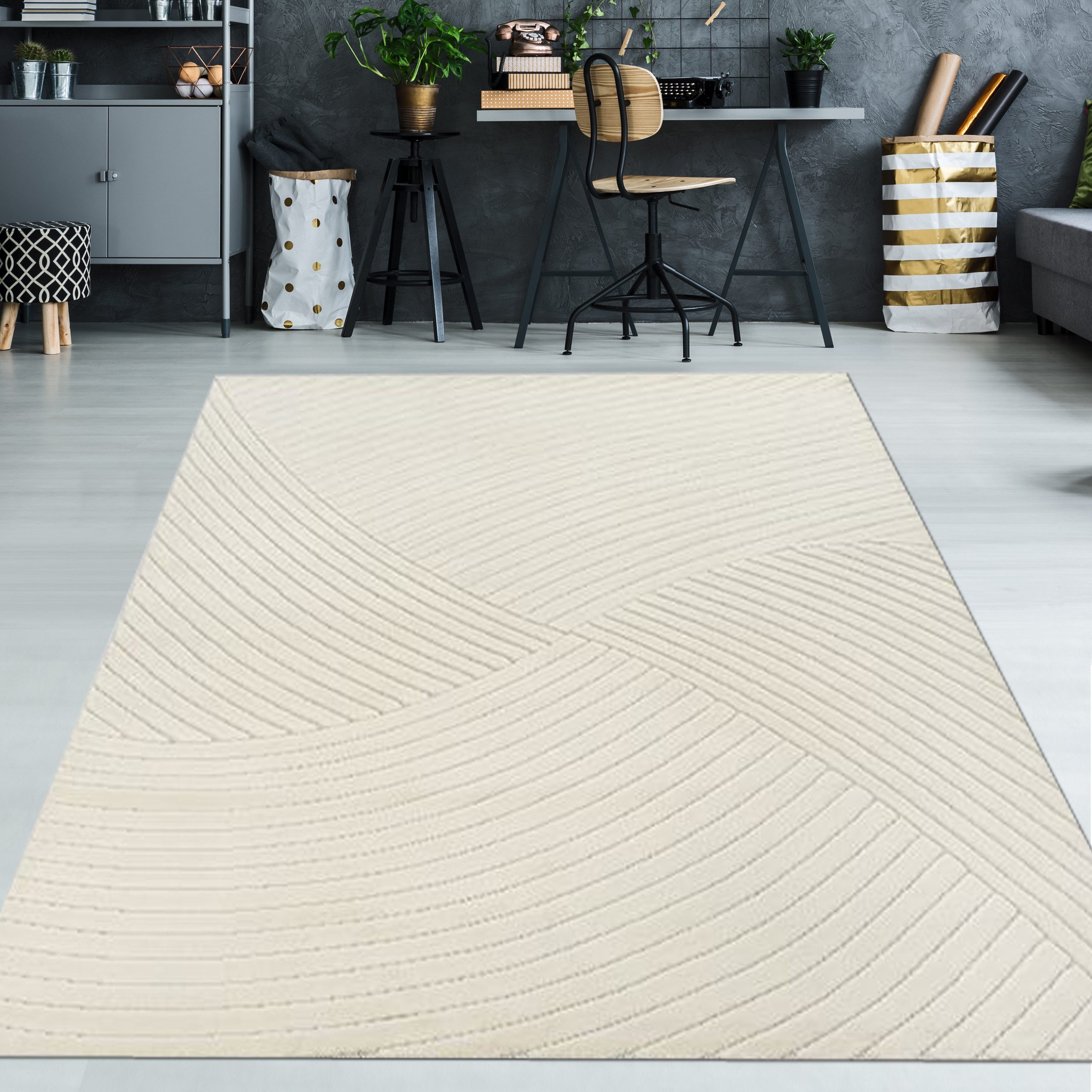 TeppichHome24 Teppich Heller Wohnzimmerteppich Niedrigflor Linienmuster in Creme, rechteckig, Höhe: 10 mm