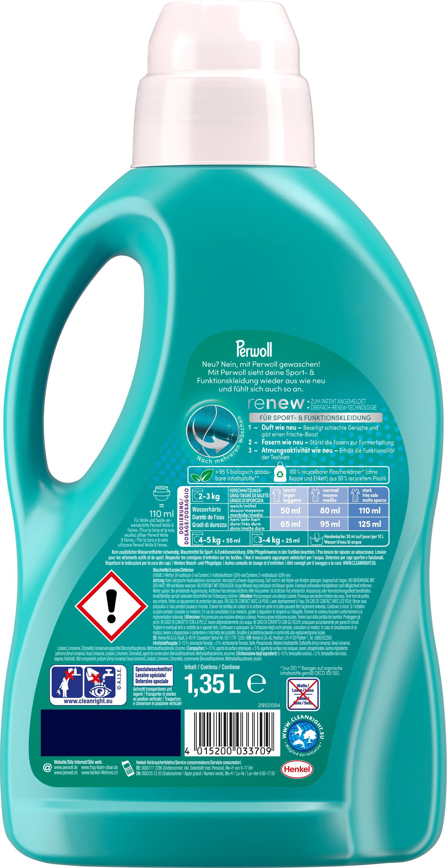 Perwoll Sport Gel 4 x 27 WL (108 WL) Spezialwaschmittel (Spar-Pack, [4-St. entfernt schlechte Gerüche & erhält die Elastizität von Sport- und Funktionskleidung)