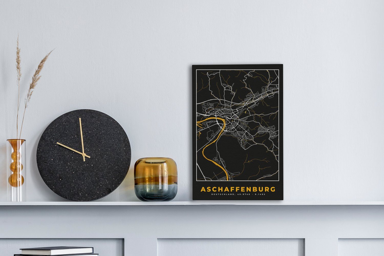 - Zackenaufhänger, bespannt Gemälde, cm Leinwandbild Deutschland - Karte OneMillionCanvasses® 20x30 fertig - Gold - Stadtplan inkl. Aschaffenburg, Leinwandbild St), (1