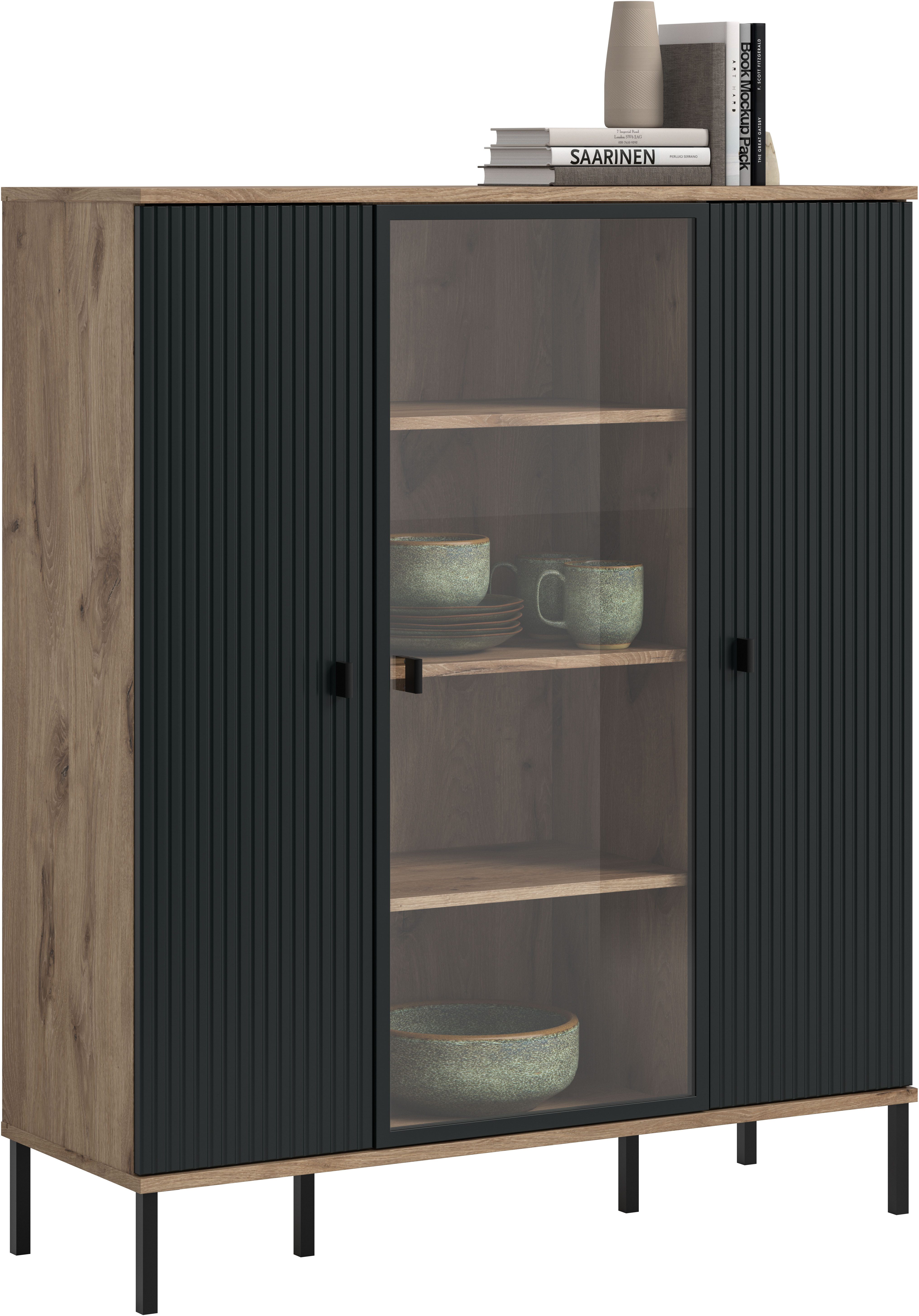 INOSIGN Highboard TREVERK, Breite: 115 cm, hochwertige MDF-Front schwarz tiefzieh (1 St), Highboard, Wohnzimmer, Esszimmer