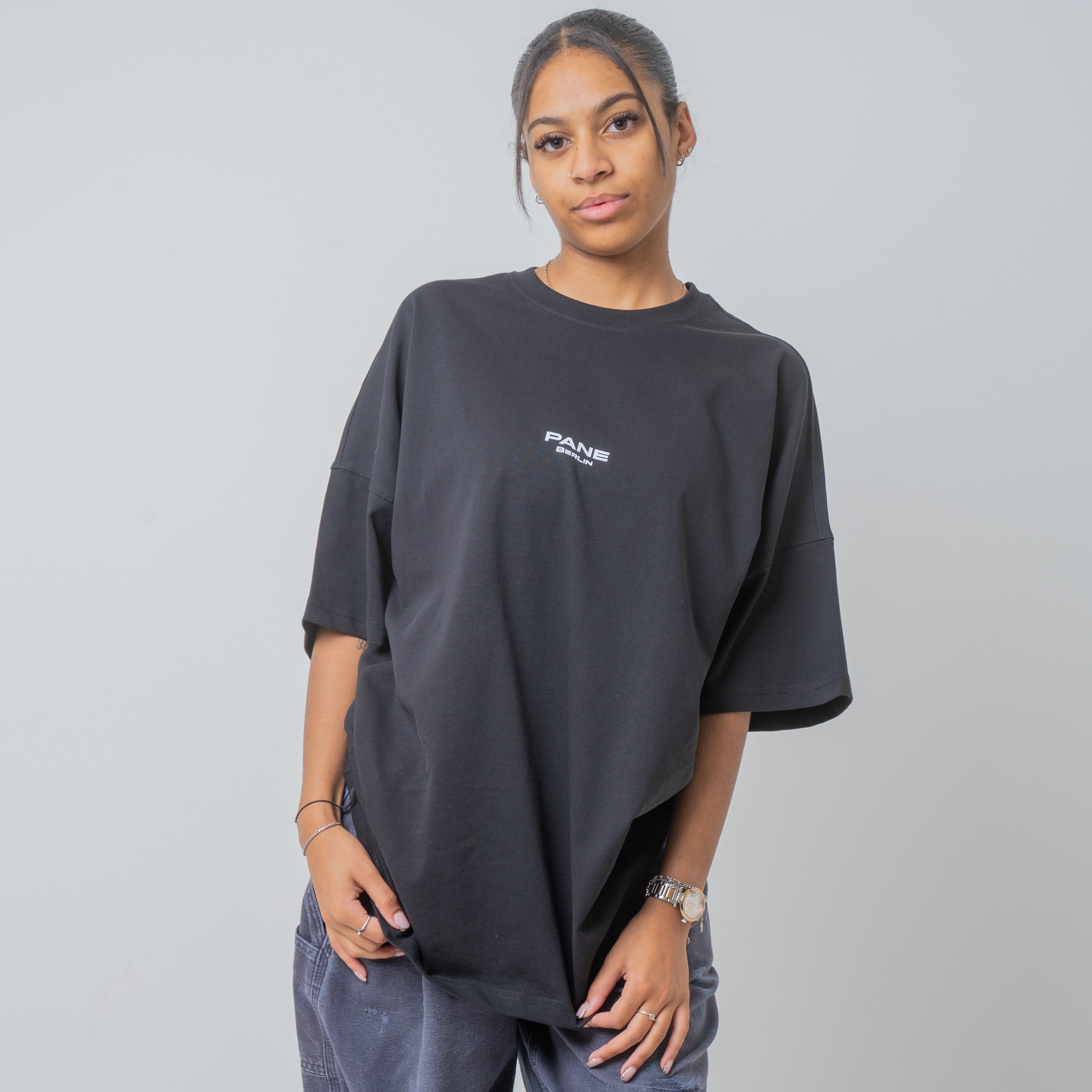PANE CLOTHING BLACK Print, Unifarben, in Rundhalsausschnitt Oversize-Shirt OVER mit TAKE mit