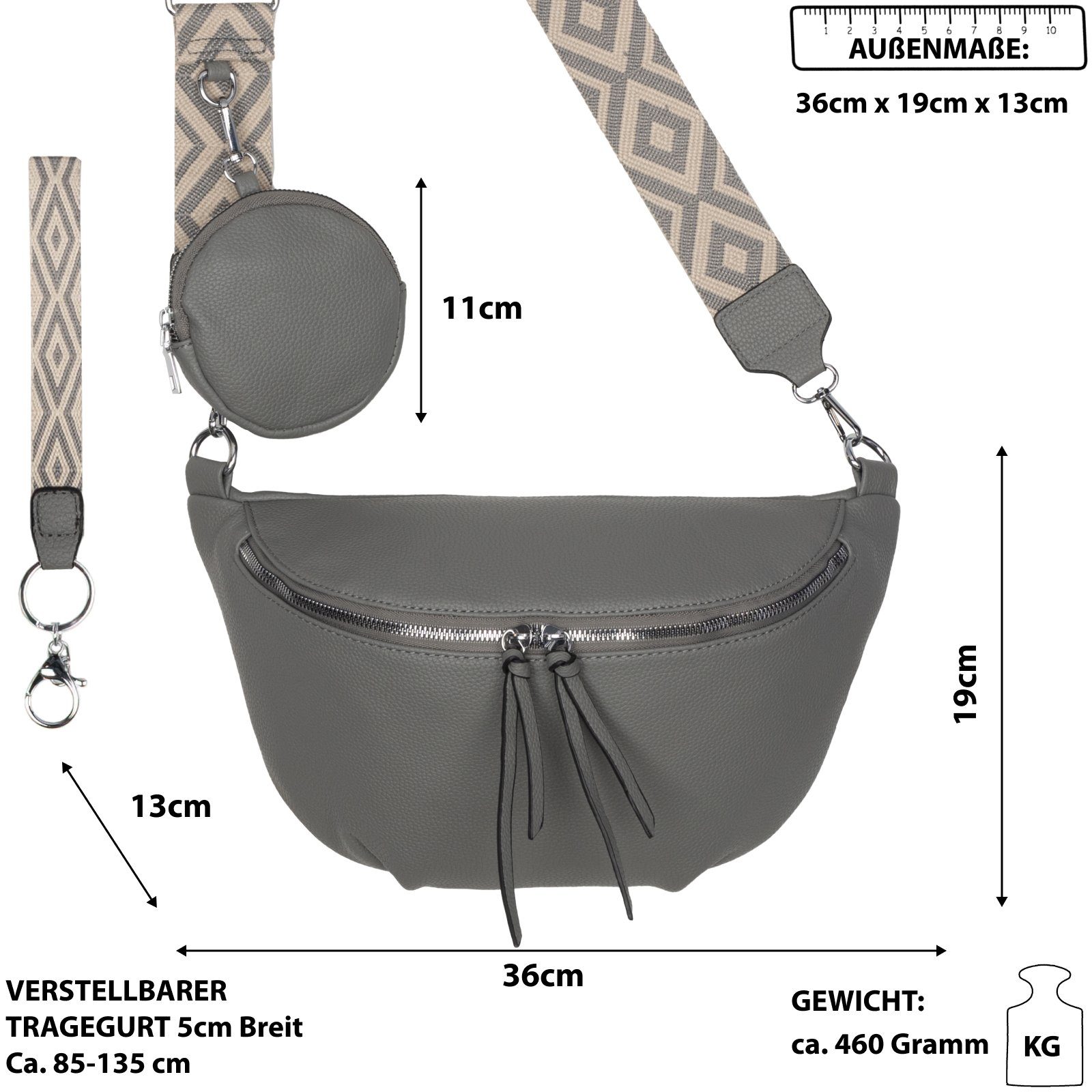 EAAKIE Gürteltasche GREY Crossbody-Bag Schultertasche, als Kunstleder Bauchtasche CrossOver, Italy-D, Umhängetasche tragbar Hüfttasche Umhängetasche