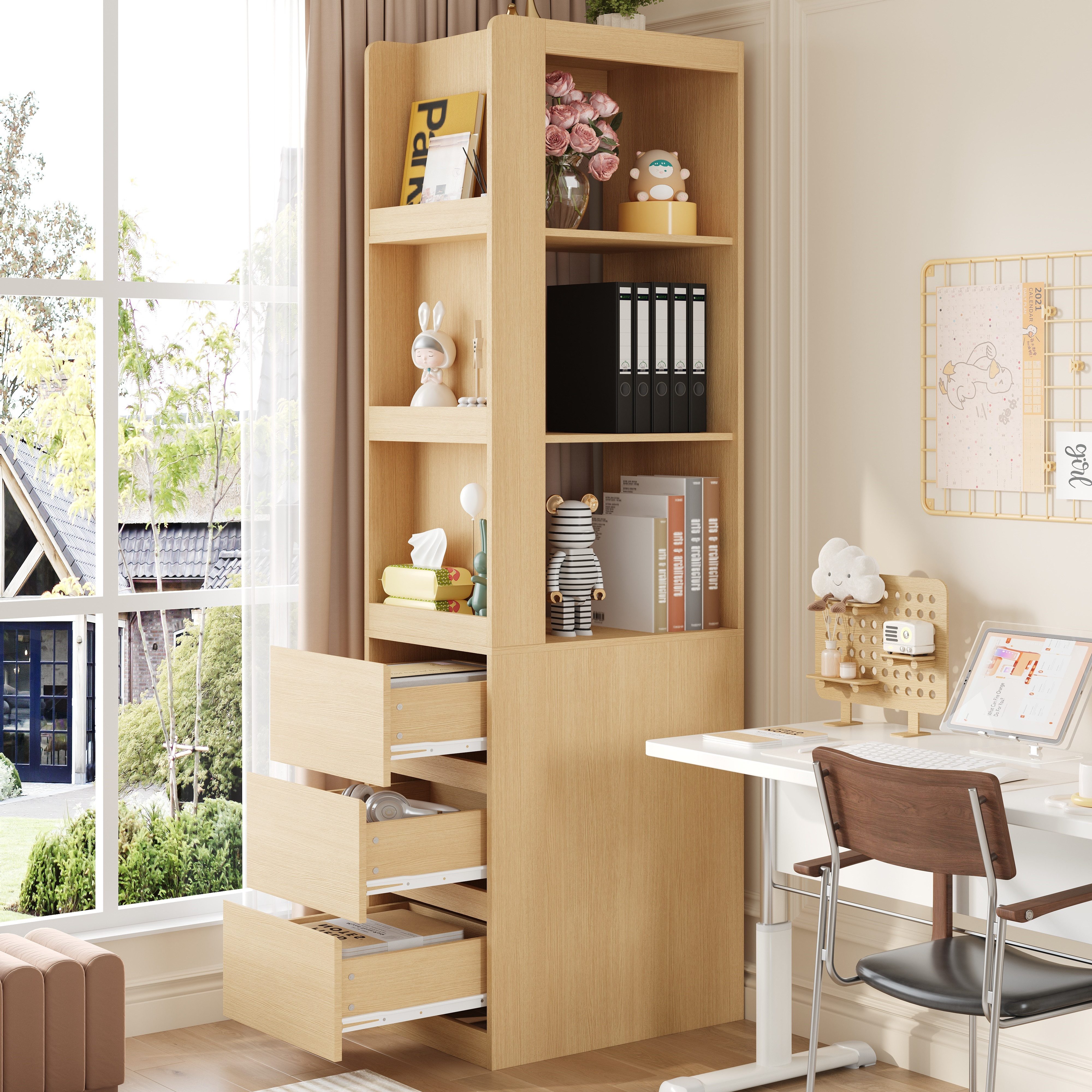 Flieks Eckschrank Bücherregal mit 3 seitlichen Schubladen und austauschbarer Ablagen (1-St., B40/T60/H200 cm) Standregal Mehrzweckschrank Eckregal Wohnzimmerschrank Holzoptik