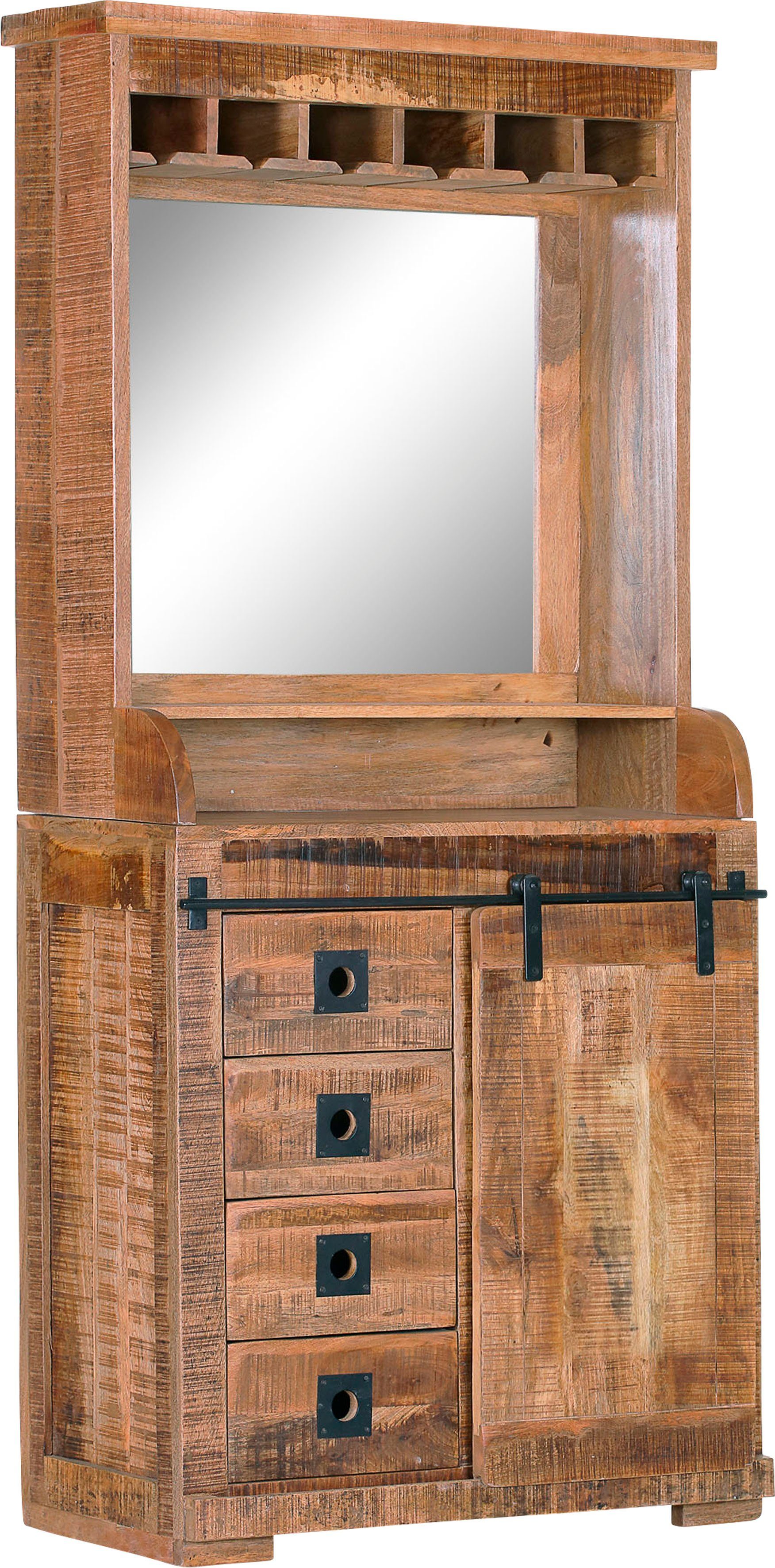 Gutmann Factory Midischrank Kamerun Bar Kommode mit Buffet-Aufsatz mit Spiegel und Glashalter