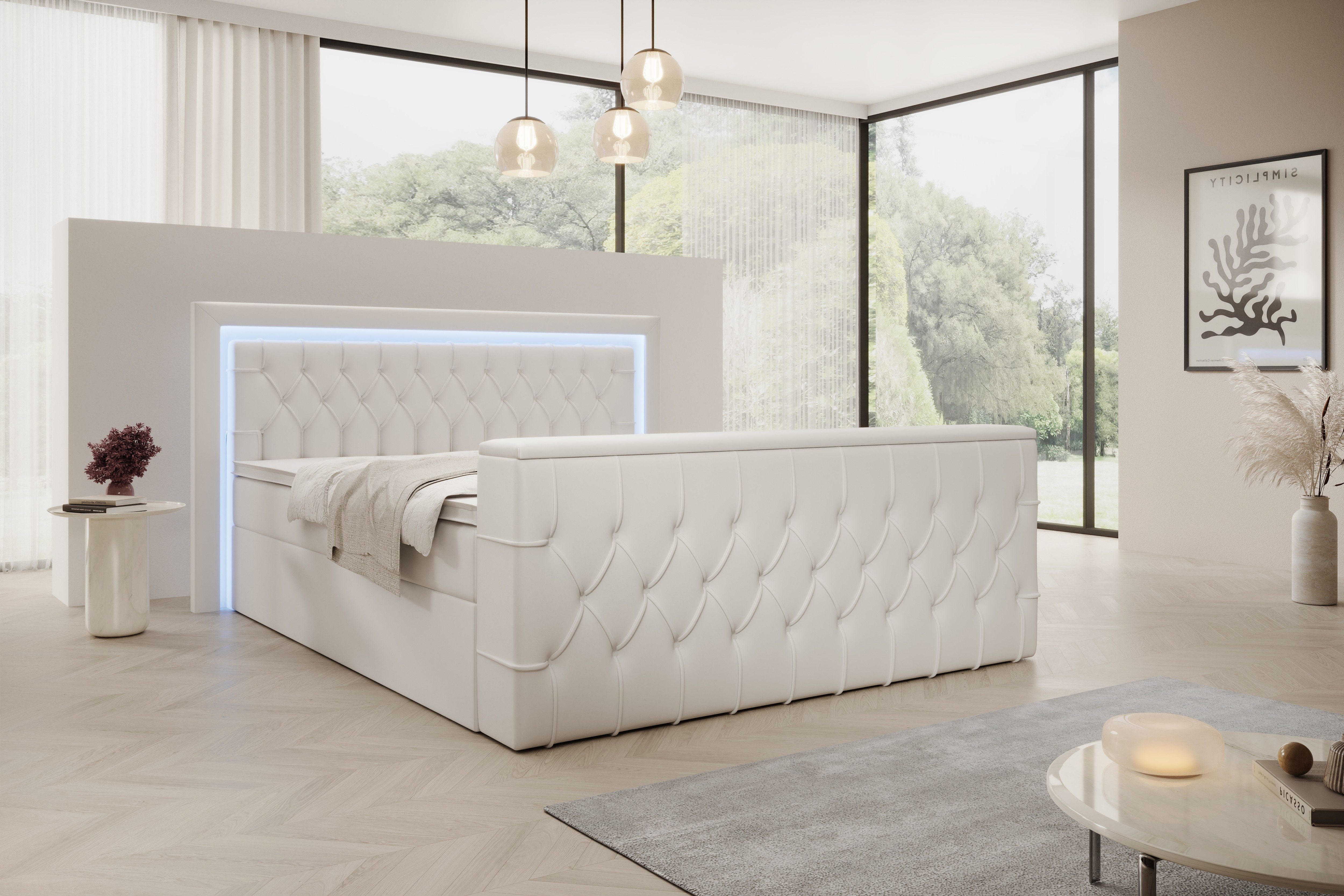 PROMETO Möbel Boxspringbett Doppelbett 180x200cm mit Matratze, Bettkasten TV-Lift LED Beleuchtung