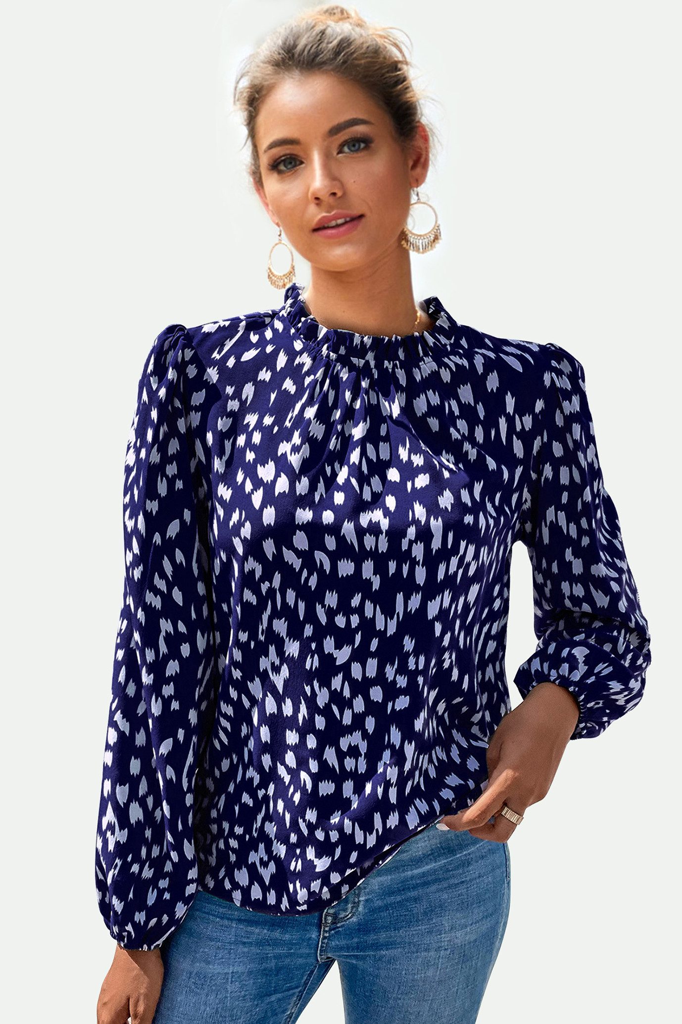 FS Collection Langarmbluse Damen Bluse hochgeschlossenes Oberteil mit Rüschendetail & Blumendruck (XS (UK 8 / EU 36) S (UK 10 / EU 38) M (UK 12 / EU 40) L (UK 14 / EU 42) XL (UK 16 / EU 44, 7 Farben) Leicht, Glatt, Formbeständig und angenehm zu tragen