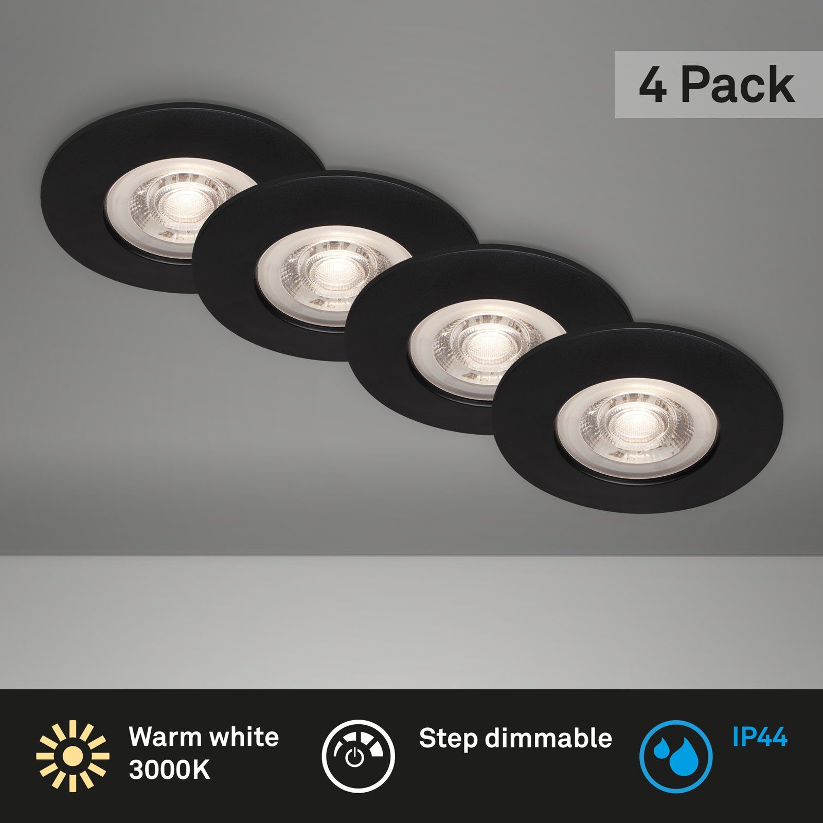 4er Warmweiß, Einbauleuchte LED Briloner schwarz, cm verbaut, 9 Leuchten ultraflach, IP44, fest 7999-045, 3000K, Warmweiß LED Set,