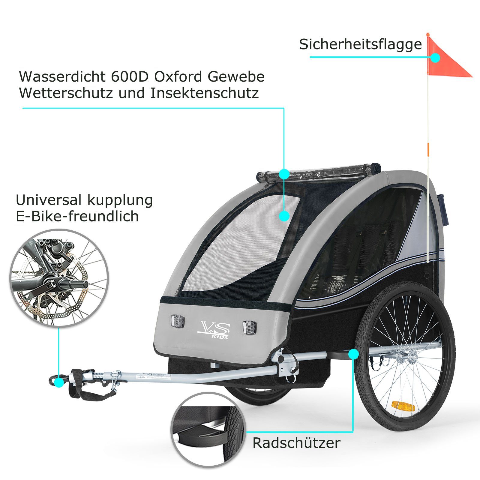 TIGGO Fahrradkinderanhänger TIGGO VS Kinderfahrradanhänger 2 in 1 Kinderanhänger Fahrradanhänger, für 1-2 Kinder geeignet