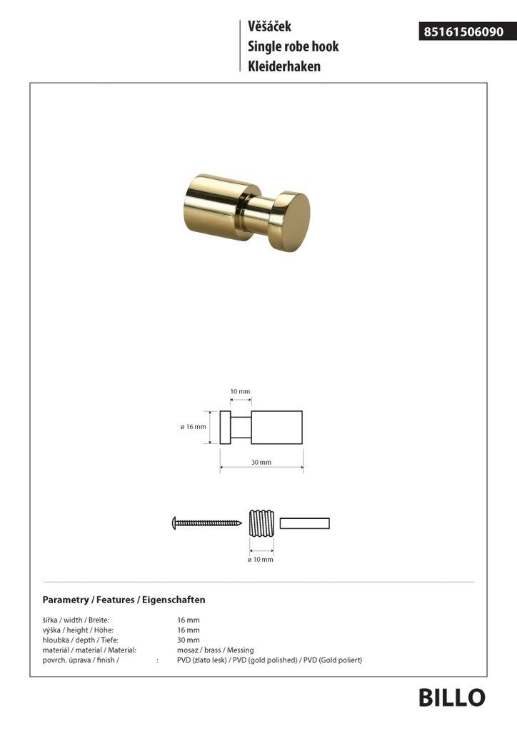 BRILLANTBAD® Kleiderhaken BILLO Kleiderhaken Messing Gold poliert für Bad & Küche >> Bohren, Einfach zu installieren mit beiliegendem Schrauben- & Dübelset