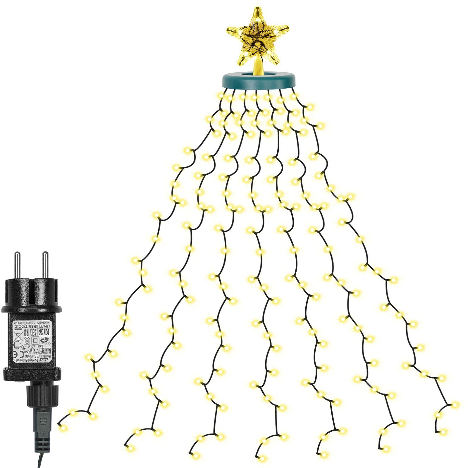 Rosnek LED-Lichtervorhang 31V, 16 Stränge, Stern-Topper, 8 Modi, Timer, für Weihnachtsbaum, Speicherfunktion; Dachgarten Deko; wasserdicht; 2/3M; 410/490LEDs | Lichtervorhänge