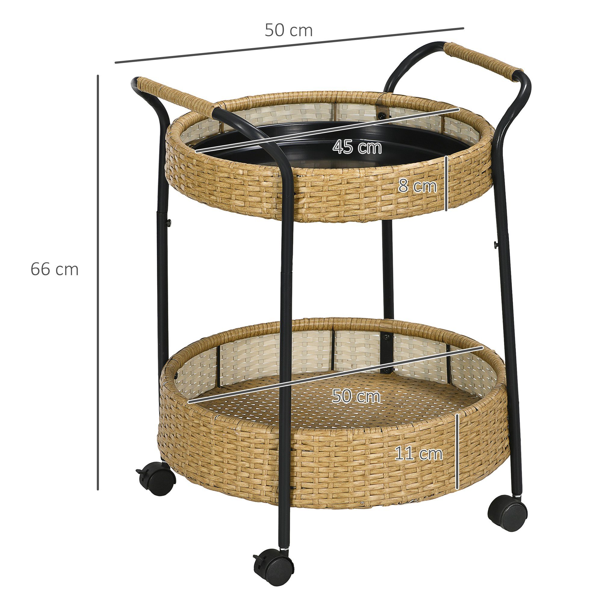 Outsunny Servierwagen Rattan Trolley mit 2 Regalen, (Barwagen, 1 St., Gartenrollwagen), für Balkon, Stahlrahmen, Natur, Φ50 x 66 cm