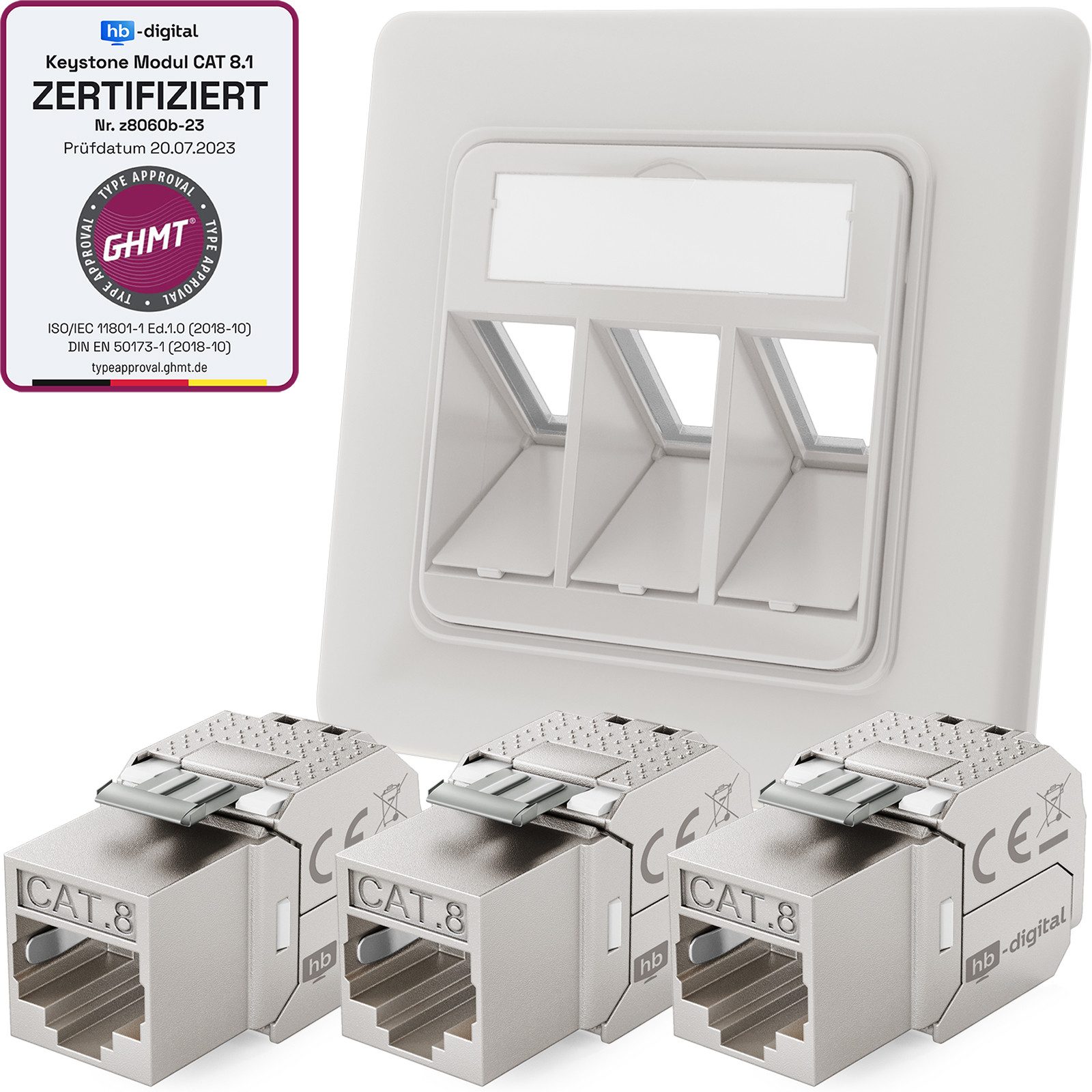 LAN Dose 3 Port mit 3x Keystone Modul CAT 8 Unterputz RJ45 RAL9003 Netzwerk-Adapter