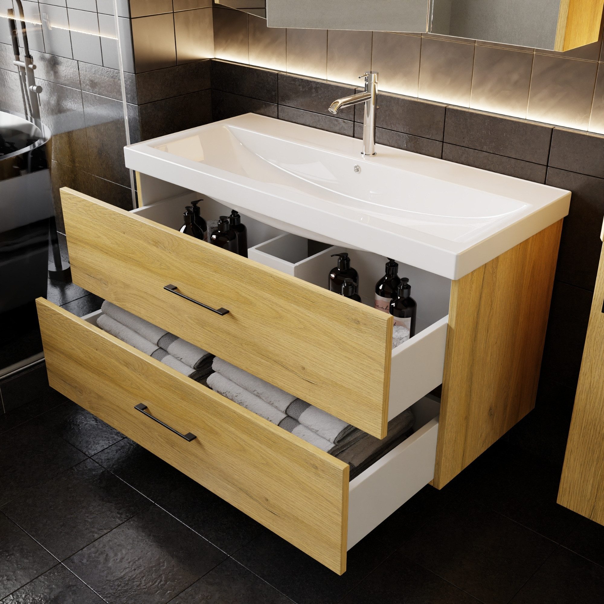 Karen Waschtisch-Set Waschtisch mit Unterschrank Verona, (Komplett-Set, Standartmäßig 2-Teilig (Unterschrank, Waschbecken), 2-St., Der Lieferumfang umfasst Unterschrank und Waschbecken), Holzfurnier, Bügelgriffe, Natürliches Design, Softclose