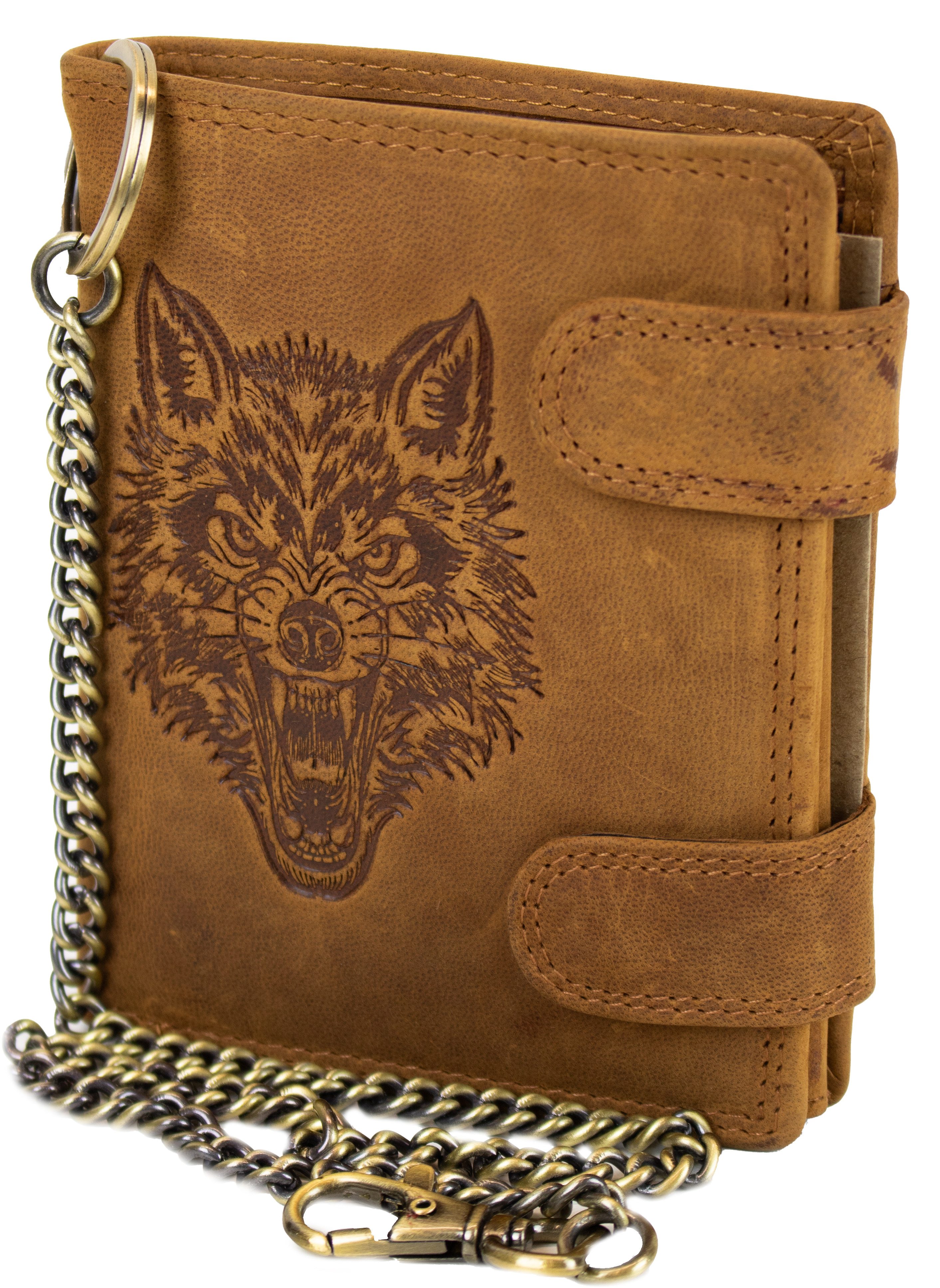 MDM Geldbörse Leder Geldbörse Kette, Wolf-Prägung RFID Schutz, Vintage Portemonnaie, Vintage-Design, 100 % Rindsleder