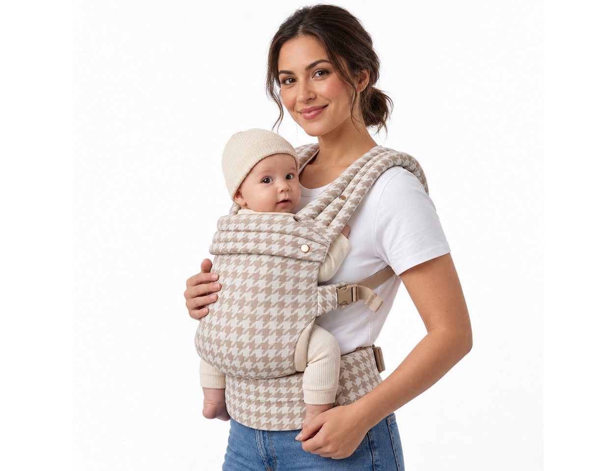 Luckice Babytrage Babytrage 100% Babytrage für Neugeborene bis Kleinkinder (Ergonomische M-Position, X-Rücken & EVA-Lendenstütze, 3 Tragepositionen, Verstellbare Schultergurte, Beige-Weiß)