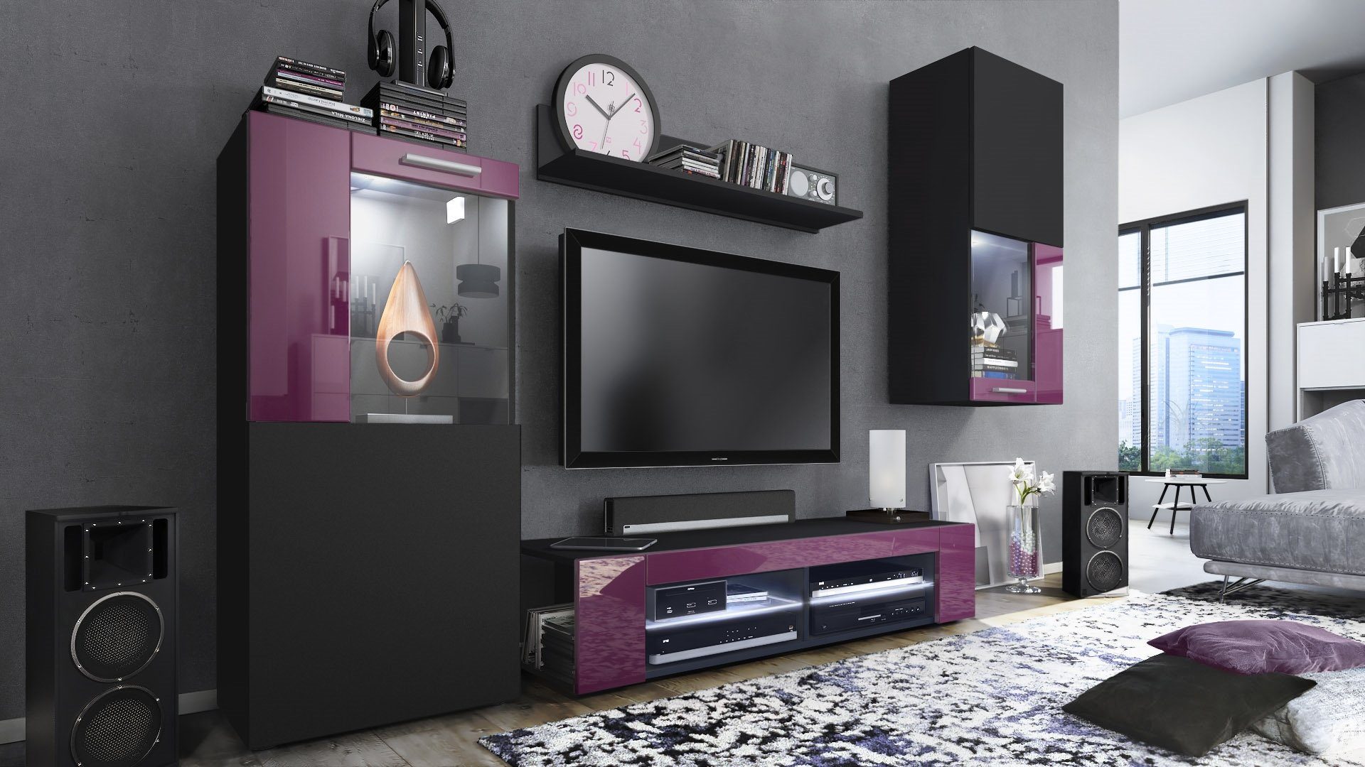 Vladon Wohnwand Movie, (Anbauwand, 5-St., bestehend aus 1 TV-Board, 2 Vitrinen und 1 Regal), Schwarz matt/Brombeer glänzend mit Beleuchtung in Weiß (300x190x39 cm)