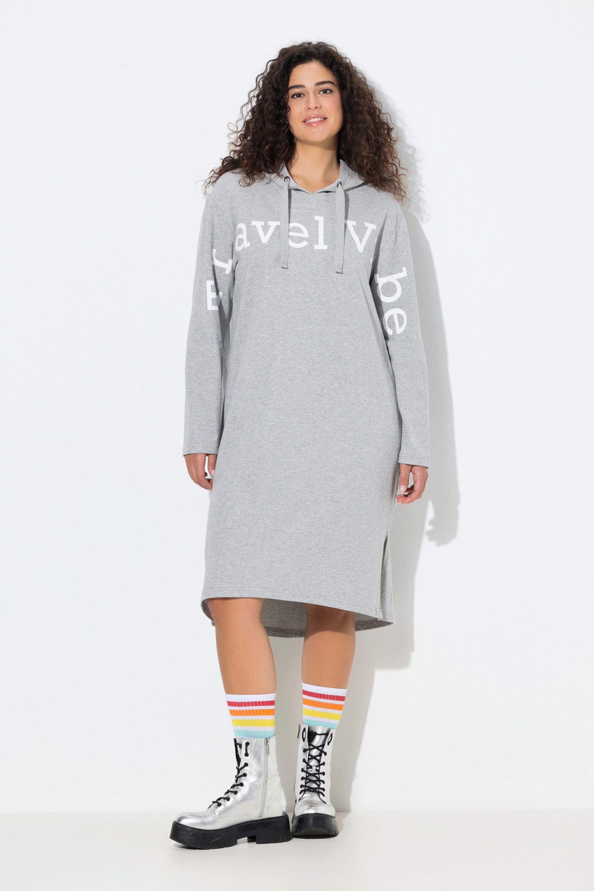 Ulla Popken Midikleid Sweat-Midikleid Schriftzug Kapuze Langarm