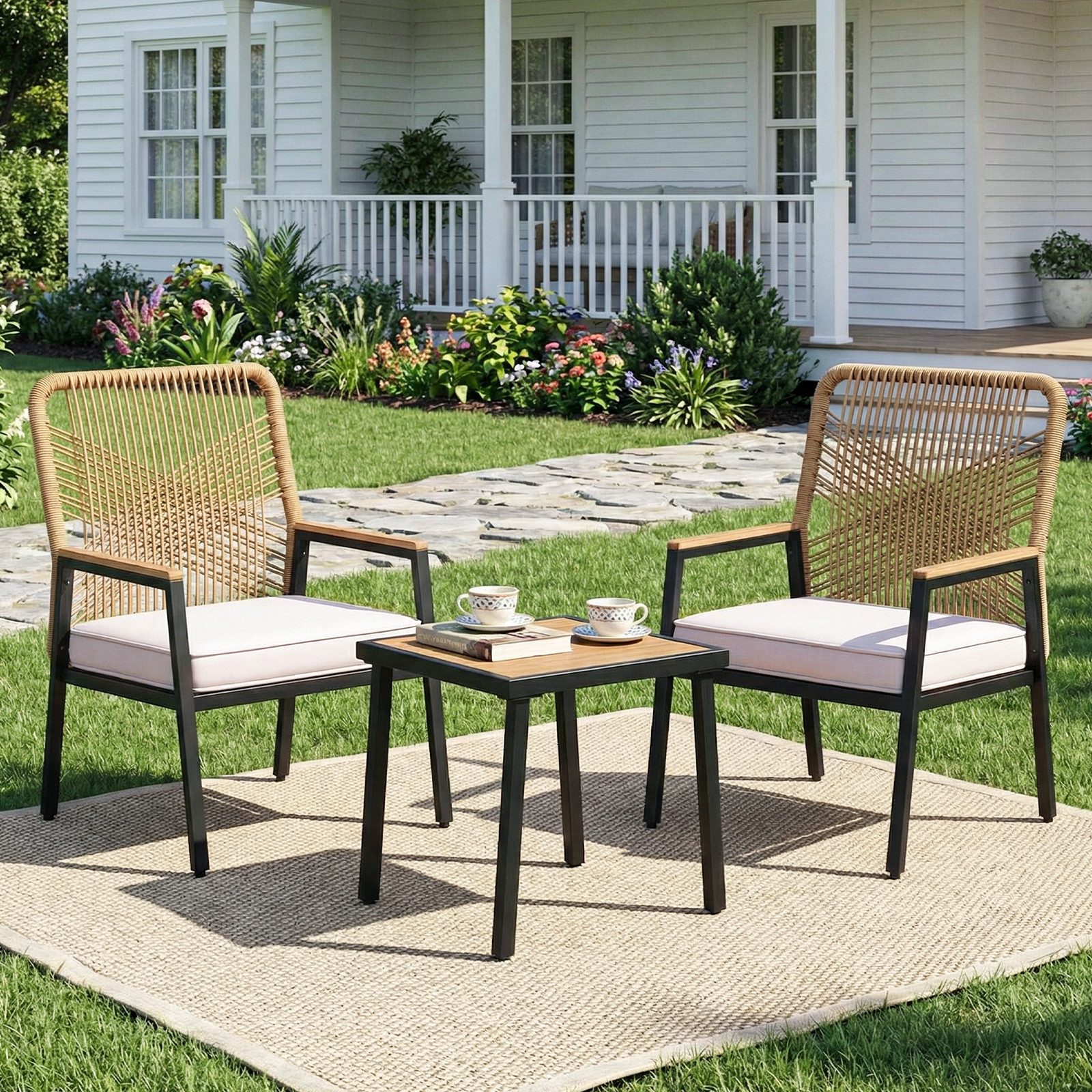 TLGREEN Gartenstuhl Eisen-Rattan Gartensessel,verbreiterter Sitz, (Gartenmöbel-Set,Zwei Stühle und ein Beistelltisch, 3 St), 160 kg Belastbar für Terrasse, Garten und Veranda